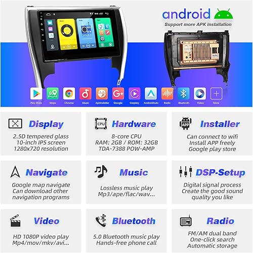Miniatura 10 de Para Camry Upgrade Android Radio Compatible con Carplay Android Auto, Estéreo de Coche Bluetooth Navegación Pantalla Táctil Reproductor Multimedia