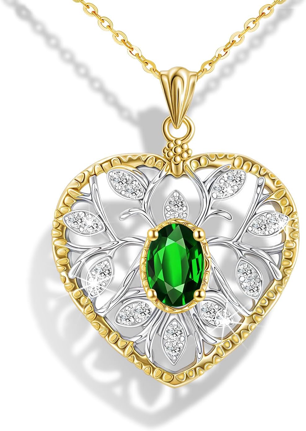 Raneecoco Natural Gemstone Necklace for Women 18K Gold Plated Sterling Silver Two-Tone Tree of Life & Love Heart Pendant Jewelry | Dainty Birthstone Gift For Her Mother Wife