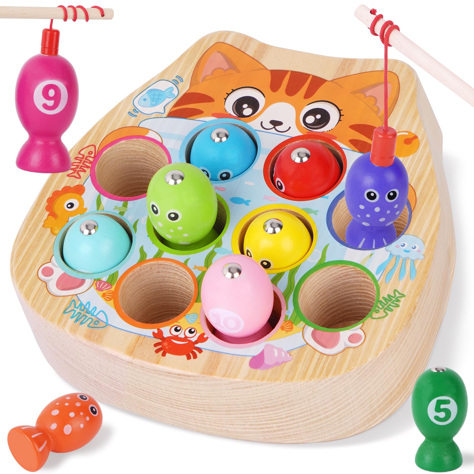 FCSONU Toddlers Montessori Toys for 2 Year Old Boy Toys, Wooden Magnetic Fishing Game for Kids 1-3, Preschool Learning Educational Toys for 2 Year Old Girls, Easter Christmas Birthday Gifts & Present