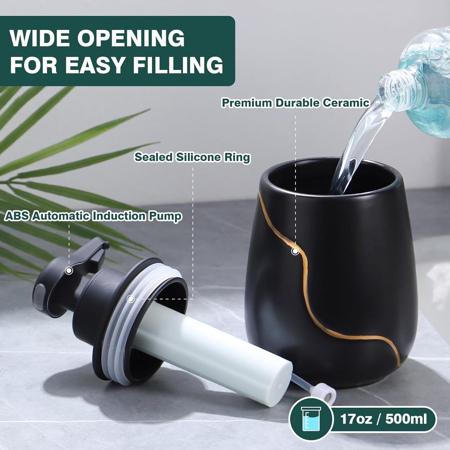 BosilunLife Automatic Foaming Soap Dispenser - Touchless Foam Hand Wash Dispenser for Bathroom Black Ceramic Smart Electric Auto Dish Soap Dispenser Waterproof, USB C Rechargeable, 17 oz/500 ml - Image 3