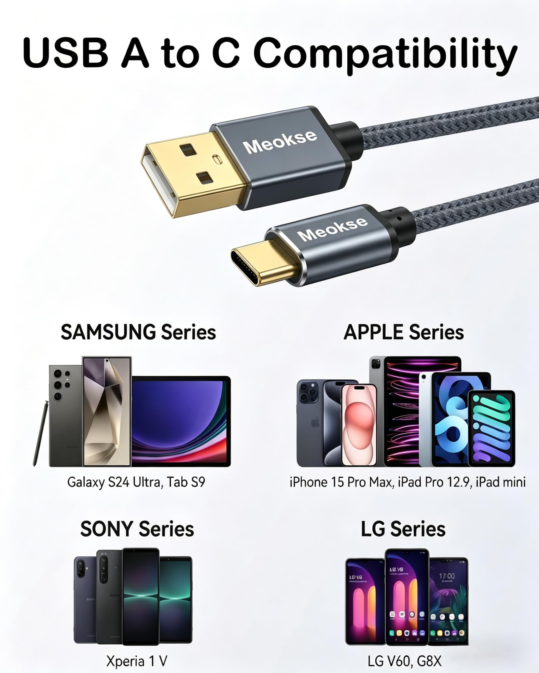 Meokse Cavo USB tipo C da 20 m, cavo di ricarica intrecciato da USB A a USB C 3A compatibile con Samsung Galaxy S10 S9 S8 Plus, Note 9 8, A11 A20 A51, LG G6 G7 V30 V35, Moto Z2 Z3, USB C Charger 6M