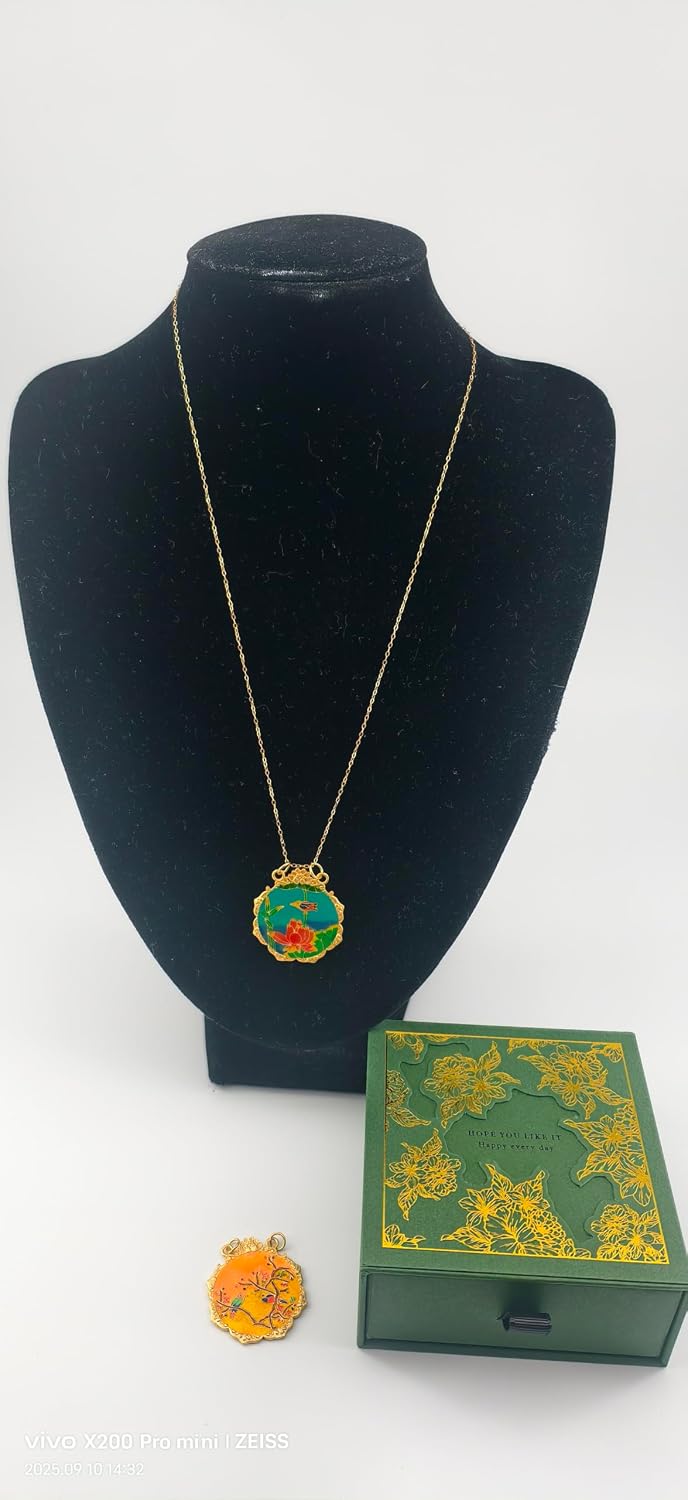 Chinese Style Pendant Necklace, 24K Gold Plated 925 Silver, Dual-Sided Magpie Design, Green Yellow Enamel, Oil Dripping Process, Carved Edge Party Birthday Mother Gift.