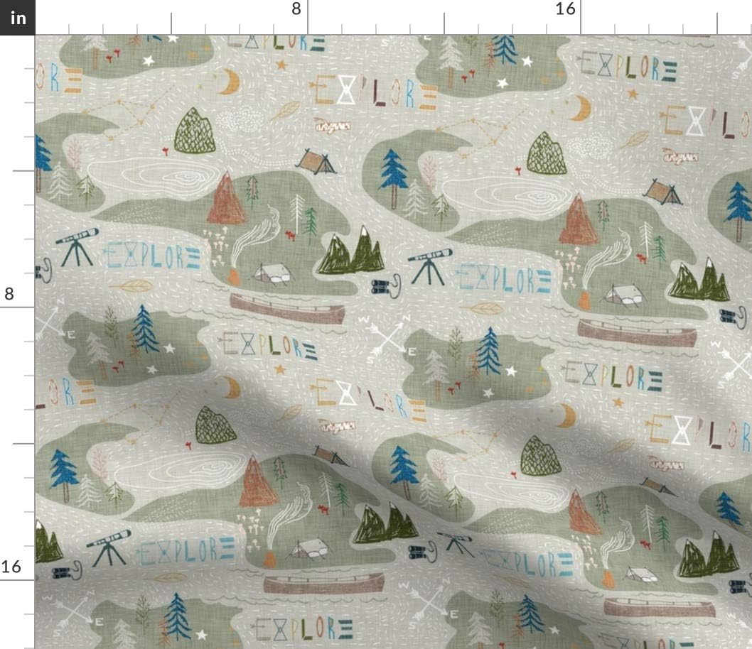 Spoonflower Fabric - Explore Sage Mountain Map Camping Hiking Outdoors Lake Tent Fire Printed on Petal Signature Cotton Fabric by The Yard - Sewing Quilting Apparel Crafts Decor