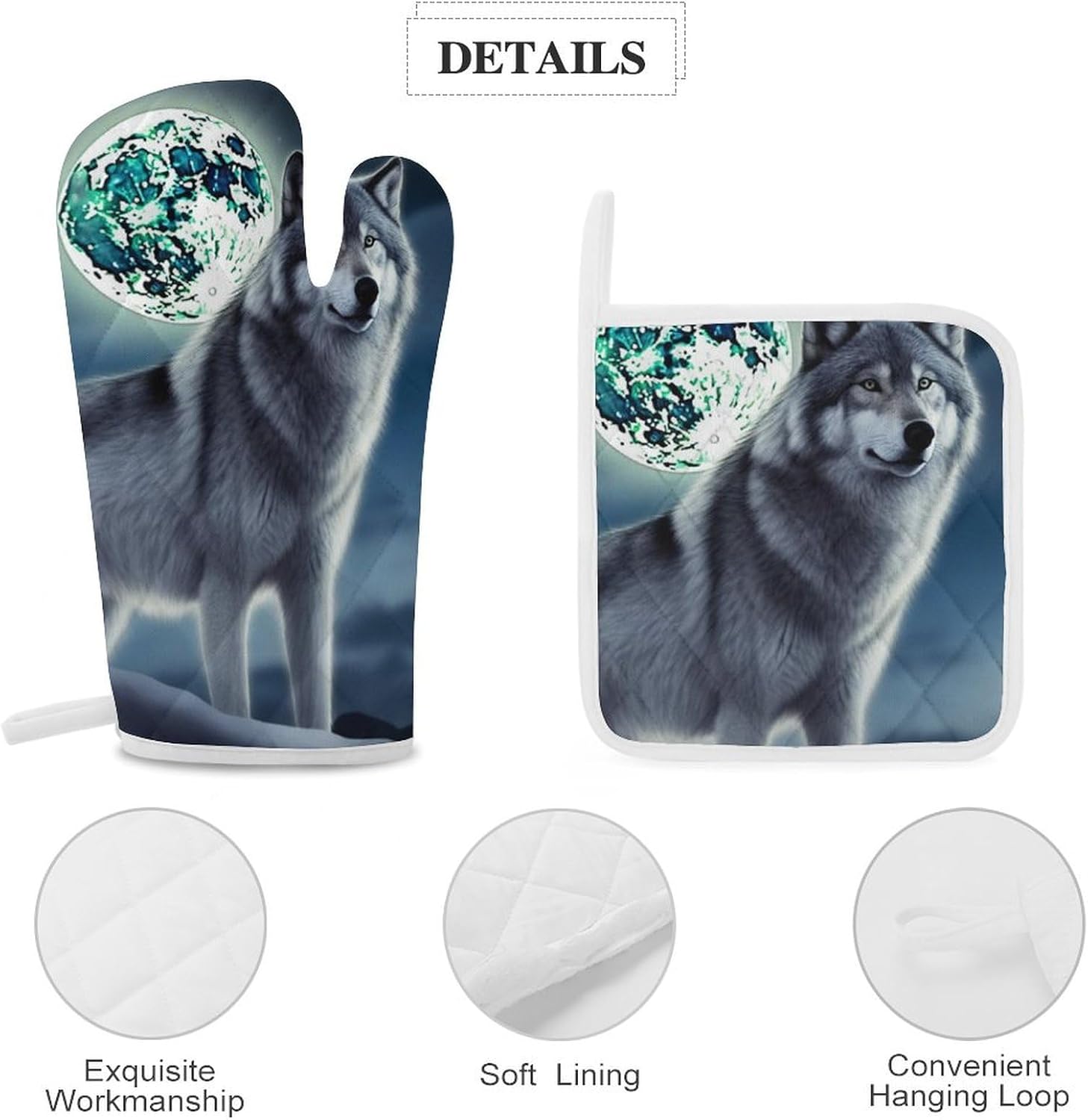 Oven Mitts and Pot Holders 4 Pcs Kitchen Oven Glove Wolf Under Moon Oven Mitt Non-Slip Oven Gloves for Cooking Heat Resistant Hot Pads for Microwave BBQ