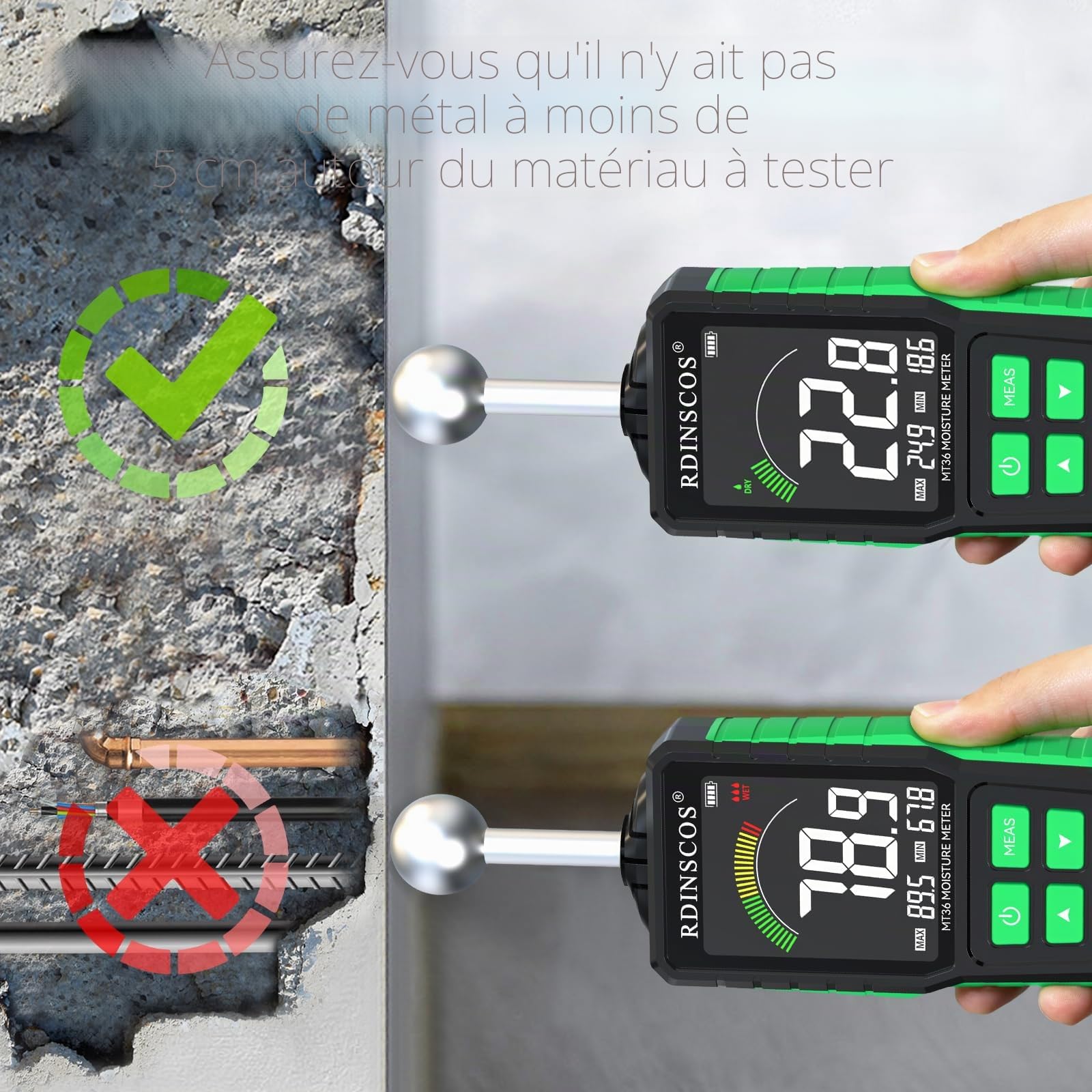 Mètre humide Murs Rechargeable Humidité de Bois, Hygromètre Numérique Professionnel Détecteur d'humidité pour bois, Murs et Planchers Testeur d'humidité (MT36)