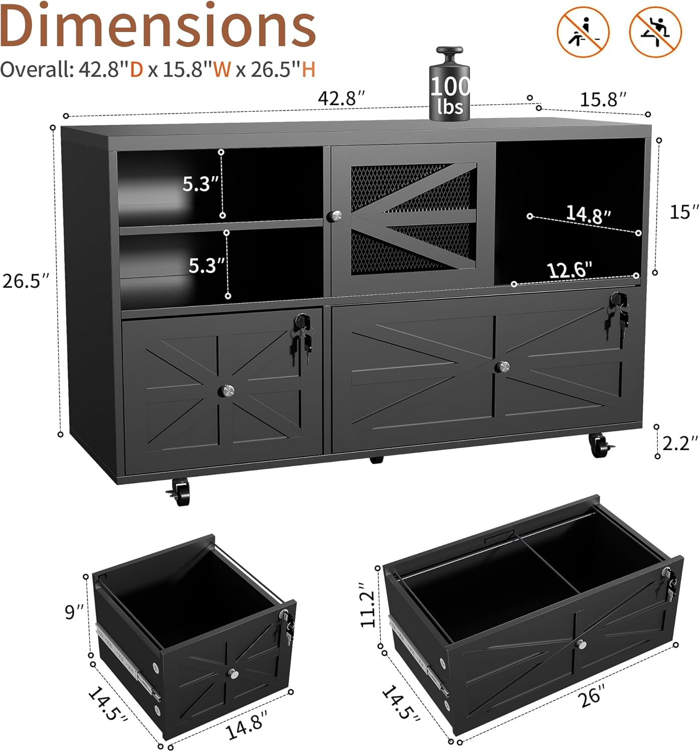Semoic 2 Drawer Farmhouse File Cabinet with Lock, Mobile Lateral Filing Cabinet for Letter/Legal/A4 Size, Open Storage Adjustable Shelf for Home Office Cabinets, Black