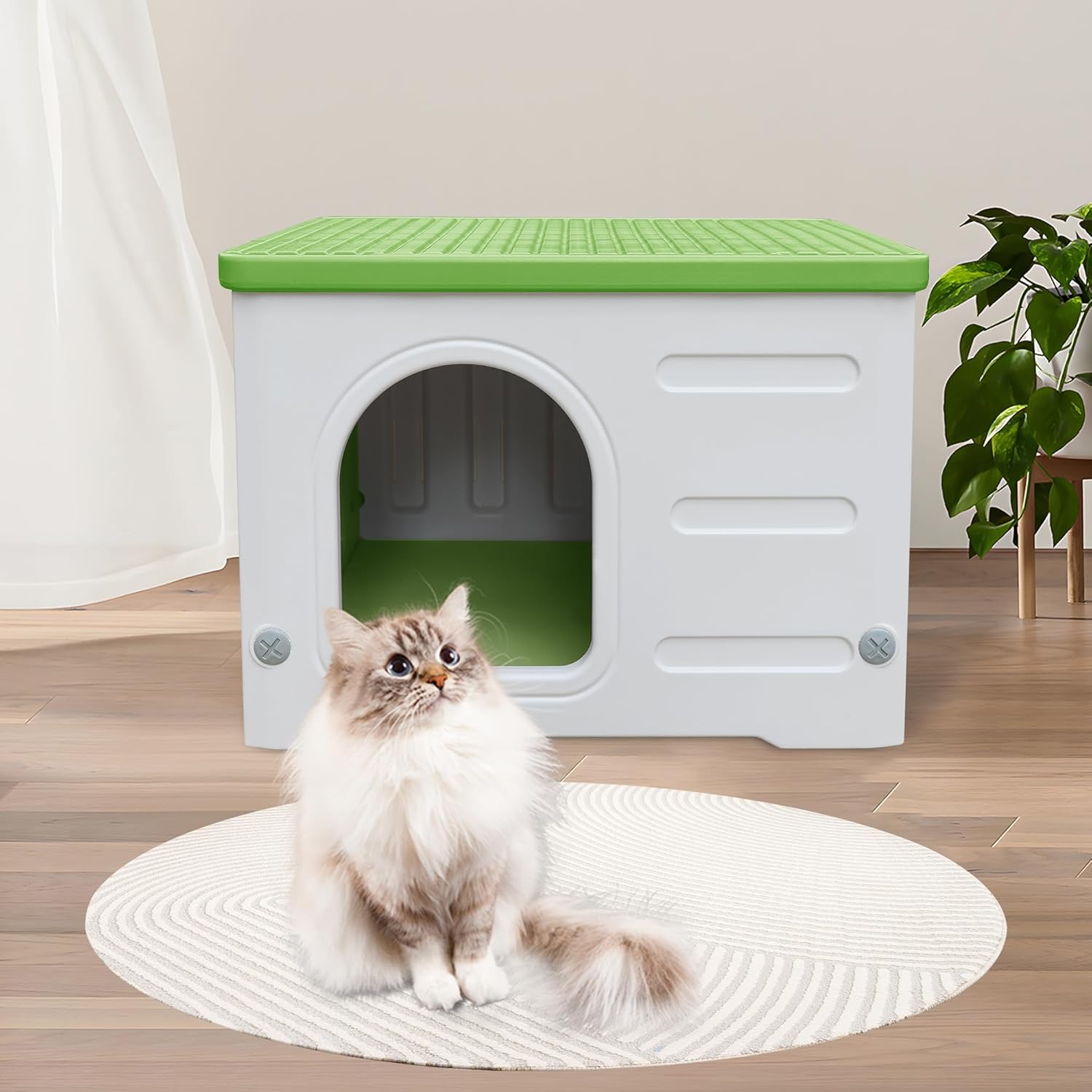 Plastic Cat House Outdoor & Indoor, Feral Cat Houses Waterproof Outdoor Cat House for Feral Cats, Outside Cat Shelter for Small Pet, Assemble and Clean Easily-Green