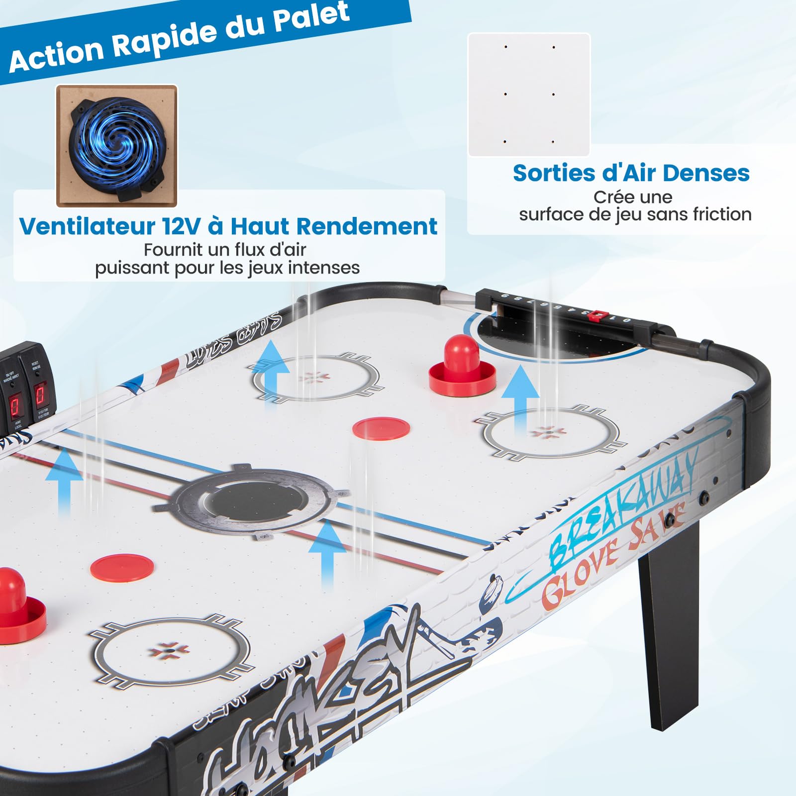 DREAMADE Table de Air Hockey 42 Pouces, Table de Jeu avec Air & Compteur de Points Électronique LED & 2 Palets & 2 Poussoirs & 2 Tapis de Feutre, pour Enfants & Adultes, Noir + Blanc