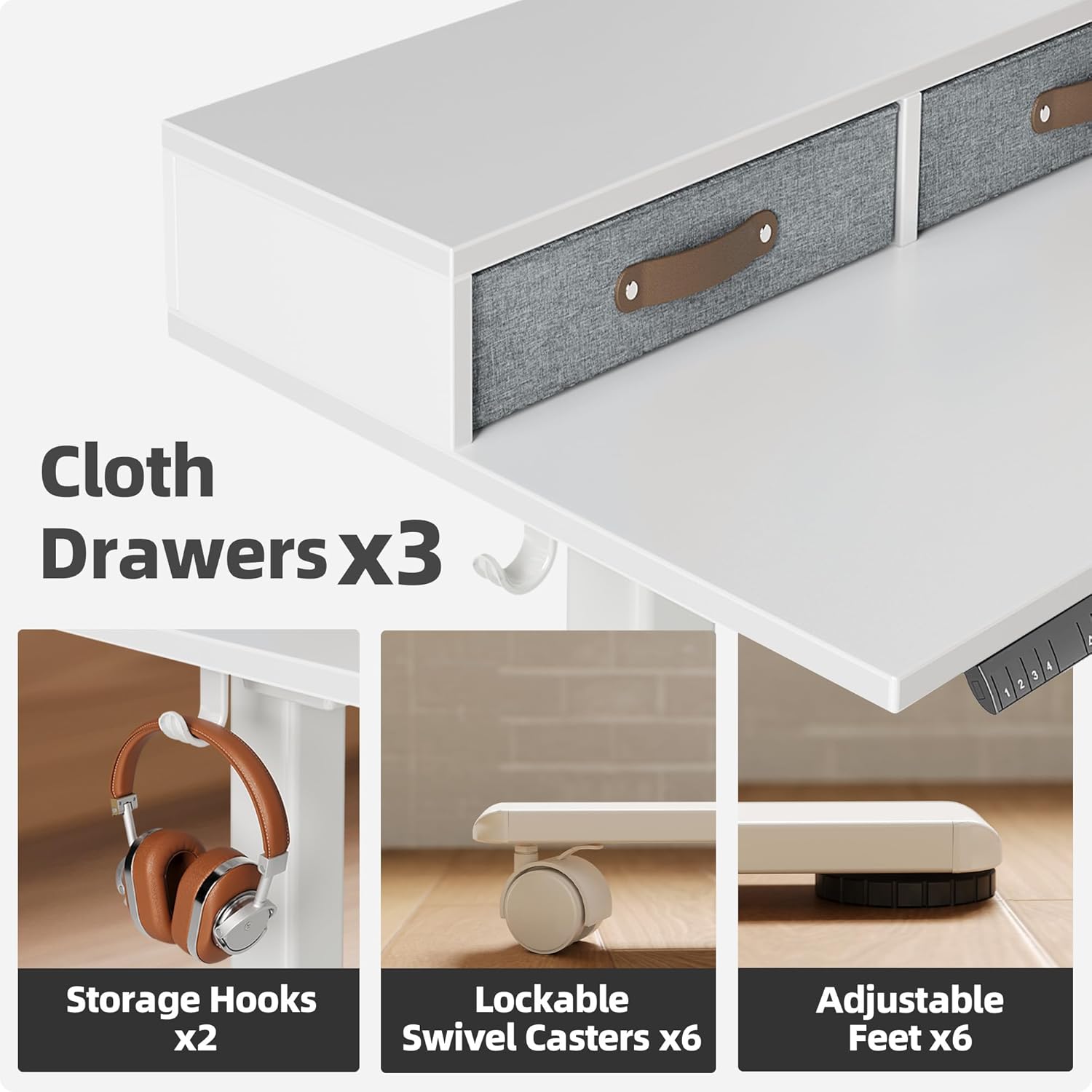 Close-up images showing the desk's features: three cloth drawers, two storage hooks, six lockable swivel casters, and six adjustable feet.