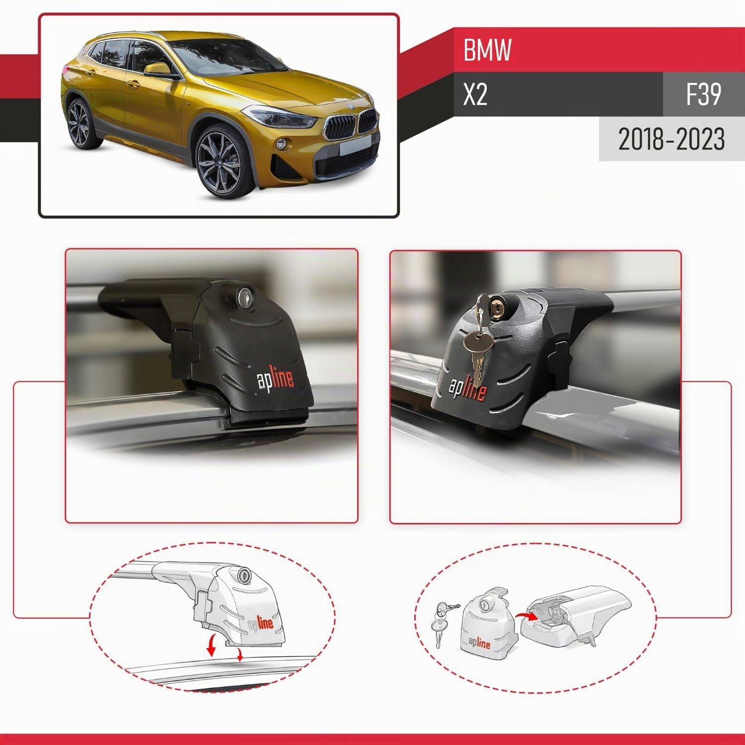 Compatible con BMW X2 (F39) 2018-2023 Modelo Ace-2 Barra de Techo Auto Portaequipajes Barras Transversales Gris Aluminio 2 Barras