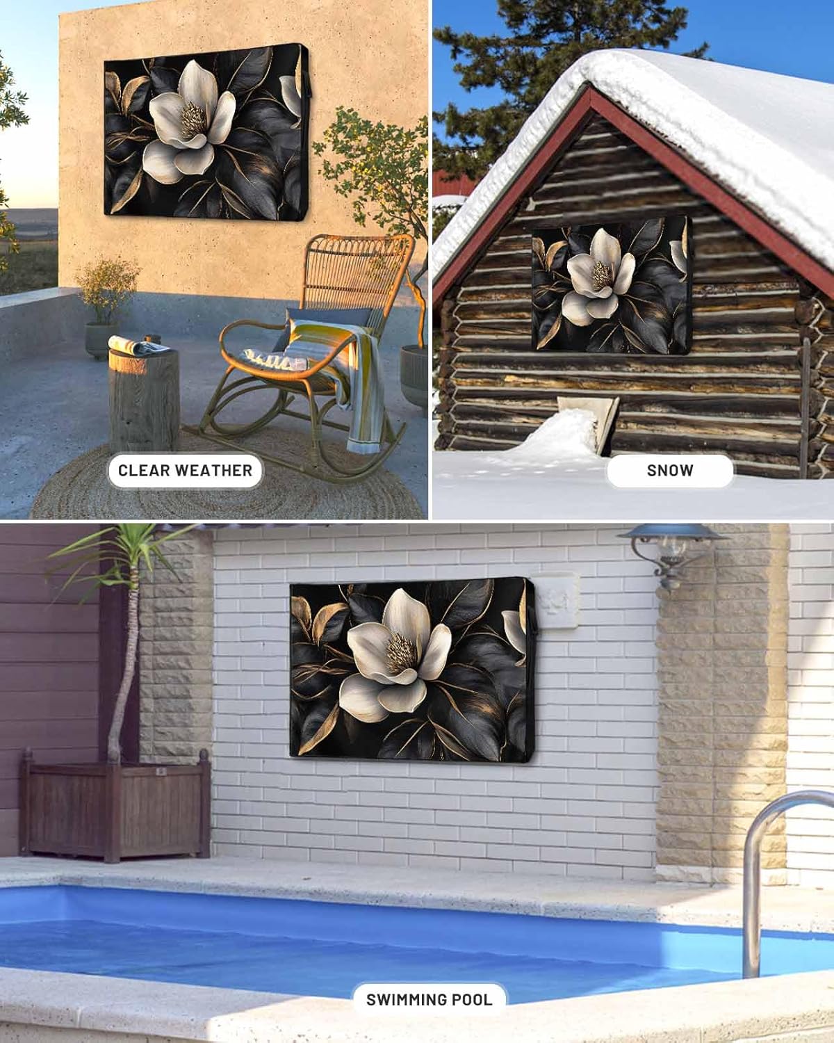 Black Gold Flower Outdoor TV Cover 60-65 Inch Waterproof & Weatherproof with Roll Up Front Flat, Gradient Luxurious Floral Botanical Outside Zipper TV Screen Protector Enclosure Remote Control Pocket