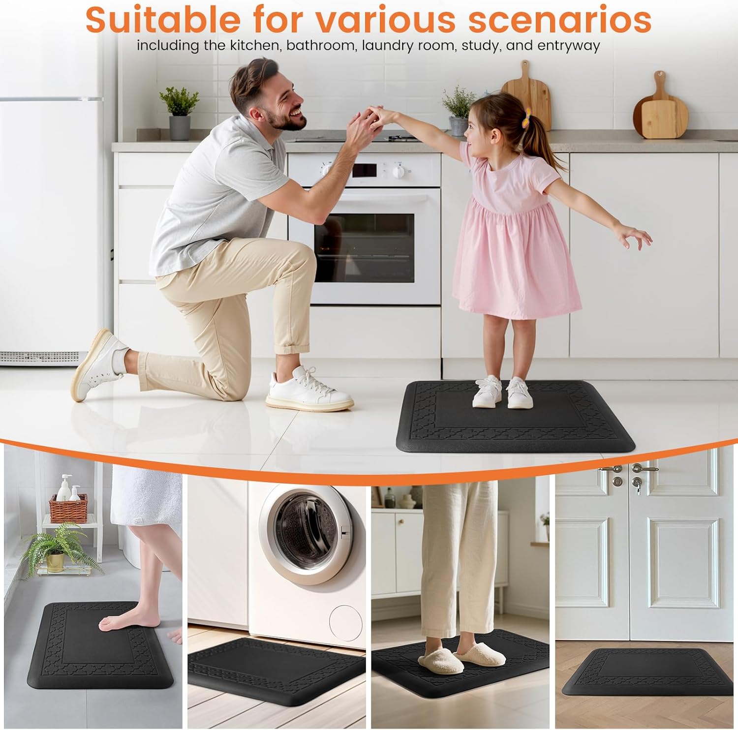 4/5 Inch Thicker Kitchen Mats for Floor Non-Slip Anti Fatigue Comfort Mat Waterproof Kitchen Rug for Sink, Office,Home Stain Resistant Standing Desk Rugs-17.3"x 28", Black