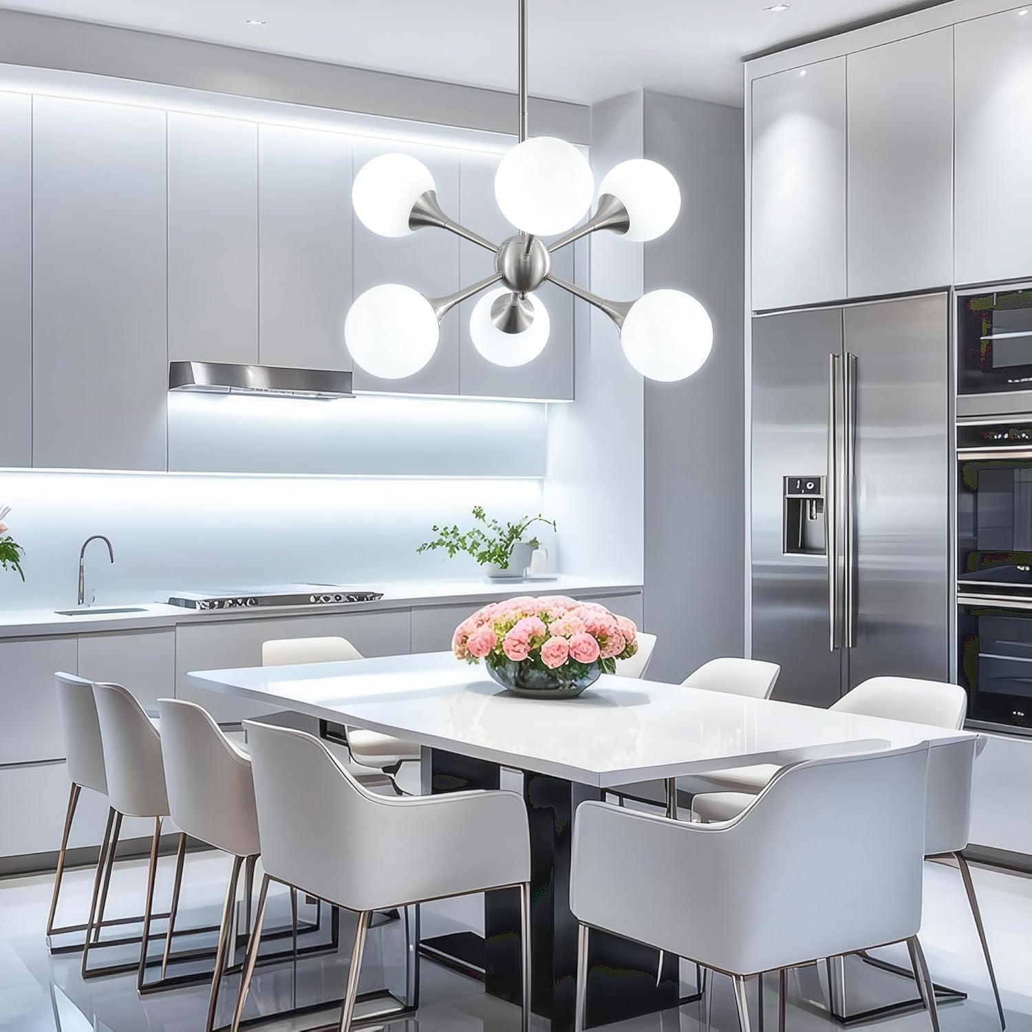 26" Sputnik Chandelier, 6-Light Modern Glass Globe Chandelier, Brushed Nickel Ceiling Light Fixture for Dining Room, Kitchen Island, Foyer, Living Room