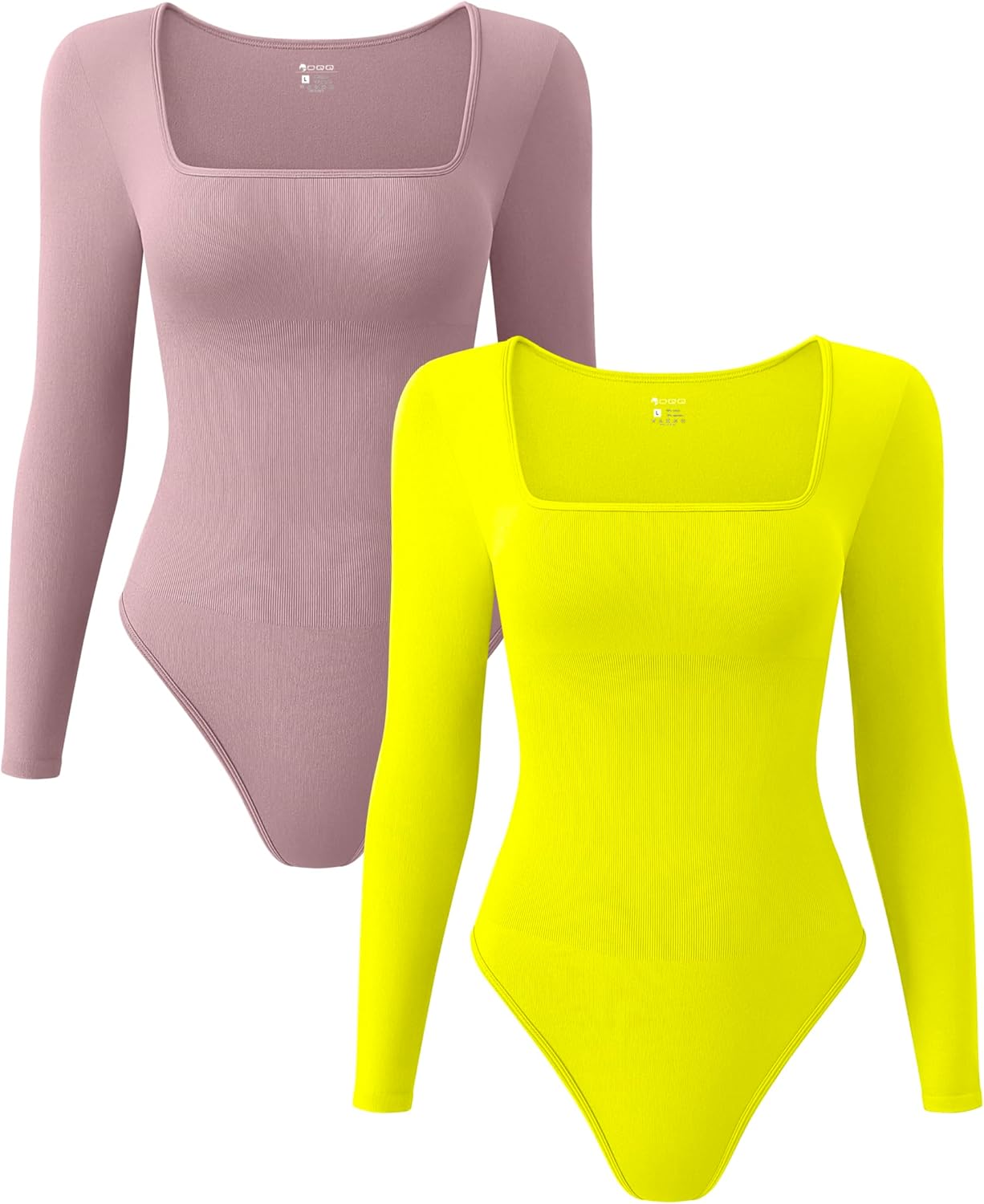 OQQ Women's 2 Piece Bodysuits Sexy Ribbed One Piece Square Neck Long Sleeve Tops