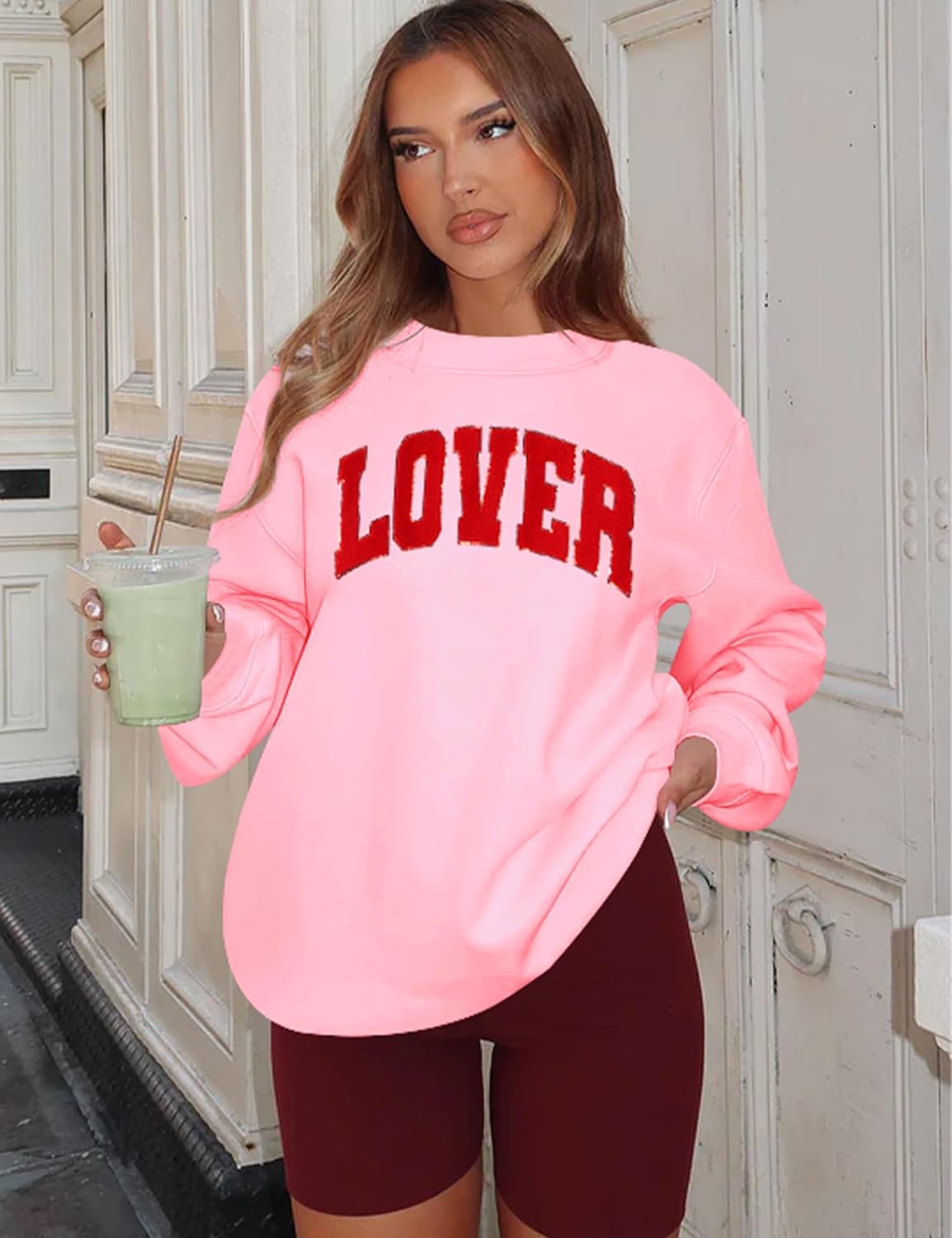 LETSEE Womens Valentine Crewneck Sweatshirt Letter Chenille Patch Long Sleeve Pullover Tops Oversized Clothes - Image 3