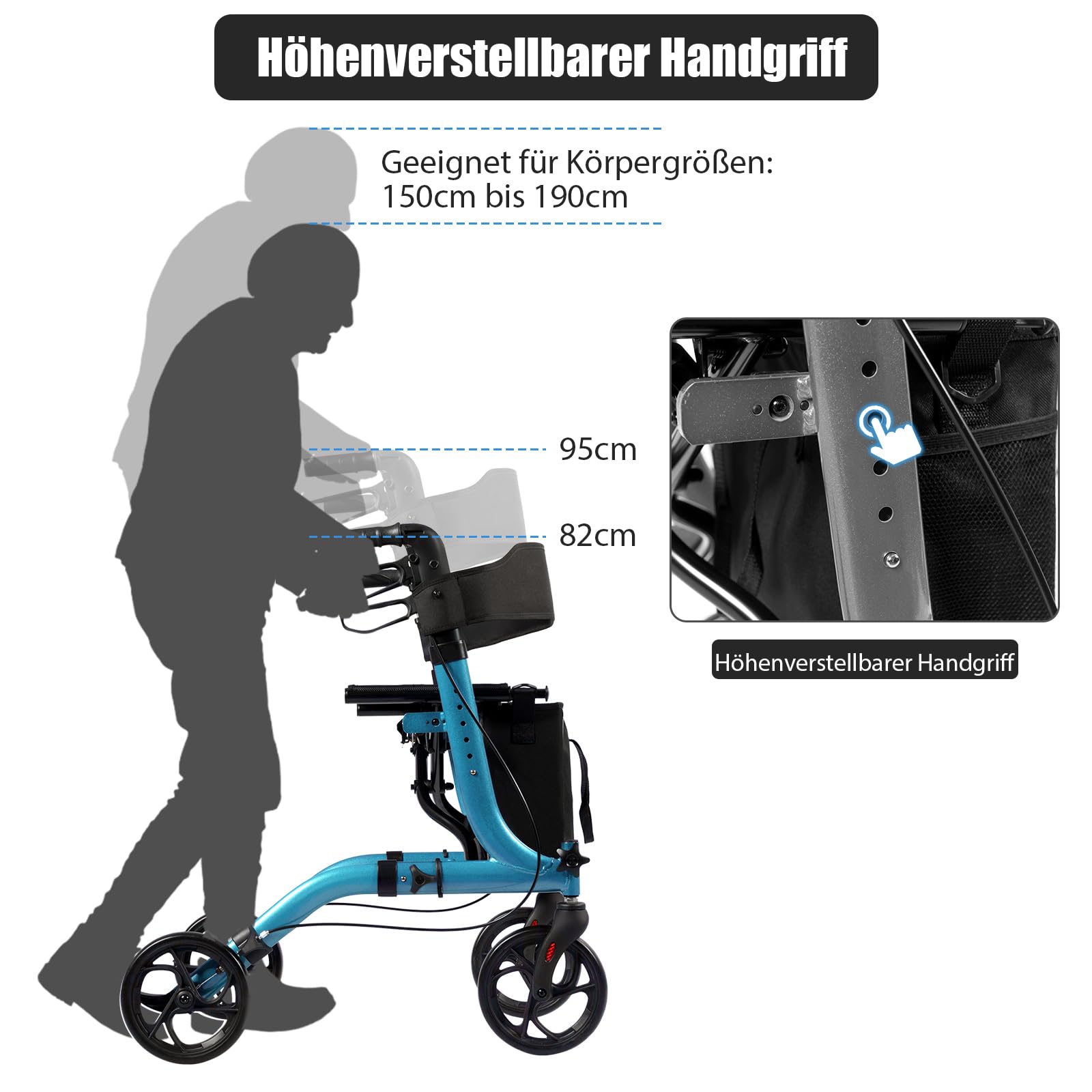 RELAX4LIFE Aluminium Rollator Faltbar und Leicht, Gehhilfe für Senioren mit Sitz & Rückenlehne, Rollatoren Schmal für Wohnung, höhenverstellbaren Griffen & Aufbewahrungstasche, bis 136 kg (Blau)