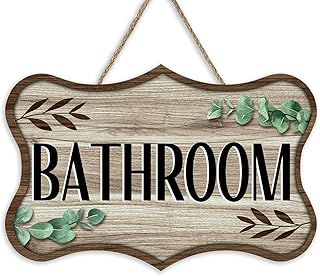 Bathroom Farmhouse Front Door Sign, Rustic Wood Hanger Toilet Restroom Washroom Home Decor, Eucalyptus Leaves Wooden Wreath Indoor Wall Hanging Decoration