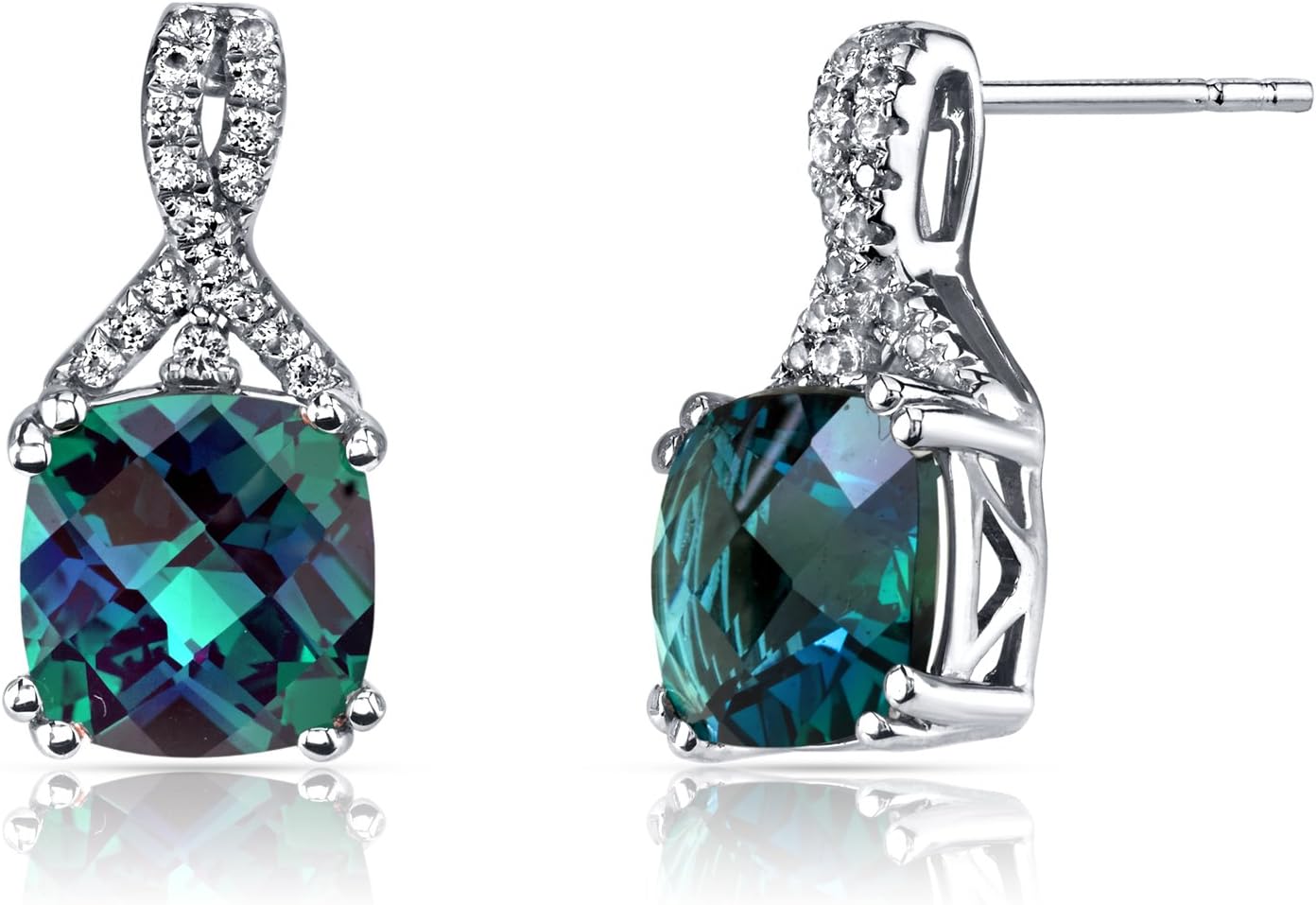 Peora Solid 14K White Gold Created Alexandrite and Genuine White Topaz Open Infinity Earrings for Women, Color-Changing 5 Carats total Cushion Cut 8mm, Hypoallergenic, Friction Backs,