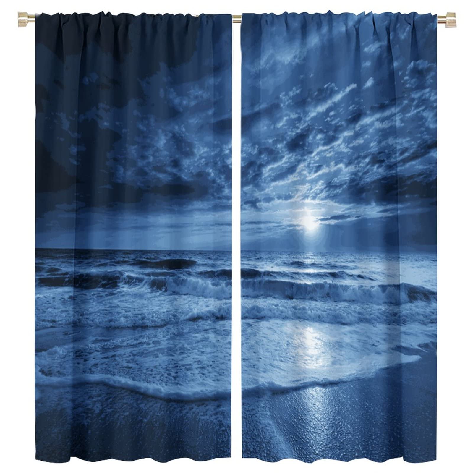 Night Sky Curtains Full Moon and Foggy Clouds with Sea Ocean Curtain for Bedroom Living Room Window Drapes 2 Panel 63W×72L Inch Blue White