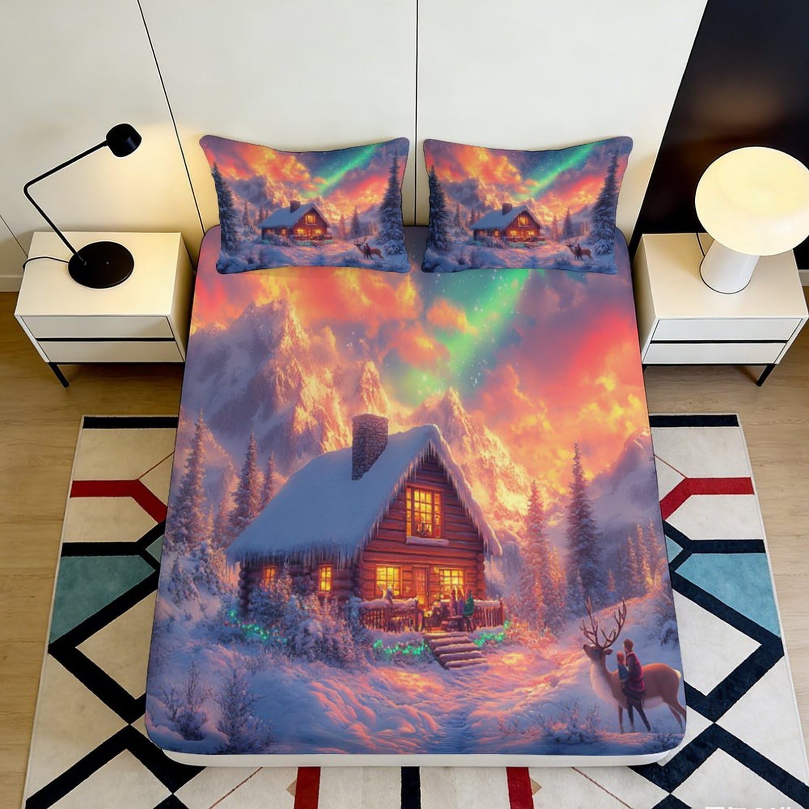 Jqzkxnhpbr Style-8 3D Printed Winter Cabin Fitted Sheet Microfiber Soft Aurora Sky Mattress Cover For Bedroom Guest Room Dorm Decor 90X200x25cm