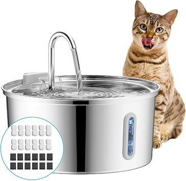 3.2L/108 oz Pet Water Fountain Stainless Steel with 24 Cat Water Fountain Filter - 12 Carbon Filters & 12 Foam Filters
