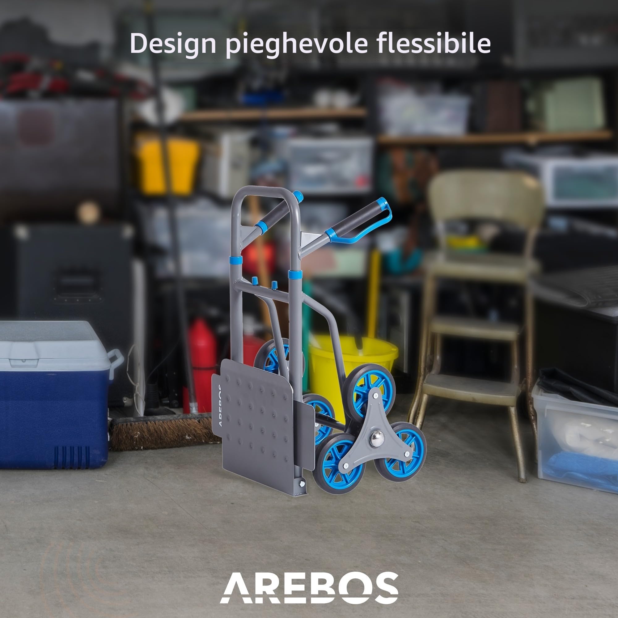 Arebos Carrello per scale portasacchi | Carrello per scale pieghevole | Carrello per scale con pneumatici in gomma dura e telaio in acciaio | Carrello di trasporto carrello elevatore | Carrello di