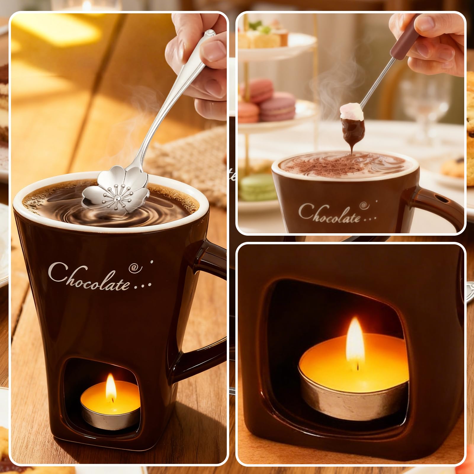 Set per fonduta di Cioccolato 200 ml in Ceramica con forchetta e tealight Marrone