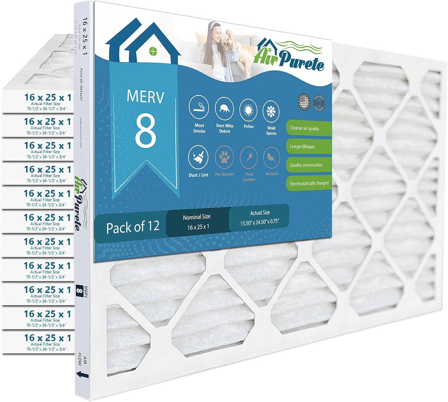 AirPurete Furnace Filter 16x25x1 (Actual Size: 15.50" x 24.50" x 0.75") | Replacement for Pleated HVAC AC Furnace Air Filters | MERV 8 | Pack of 12
