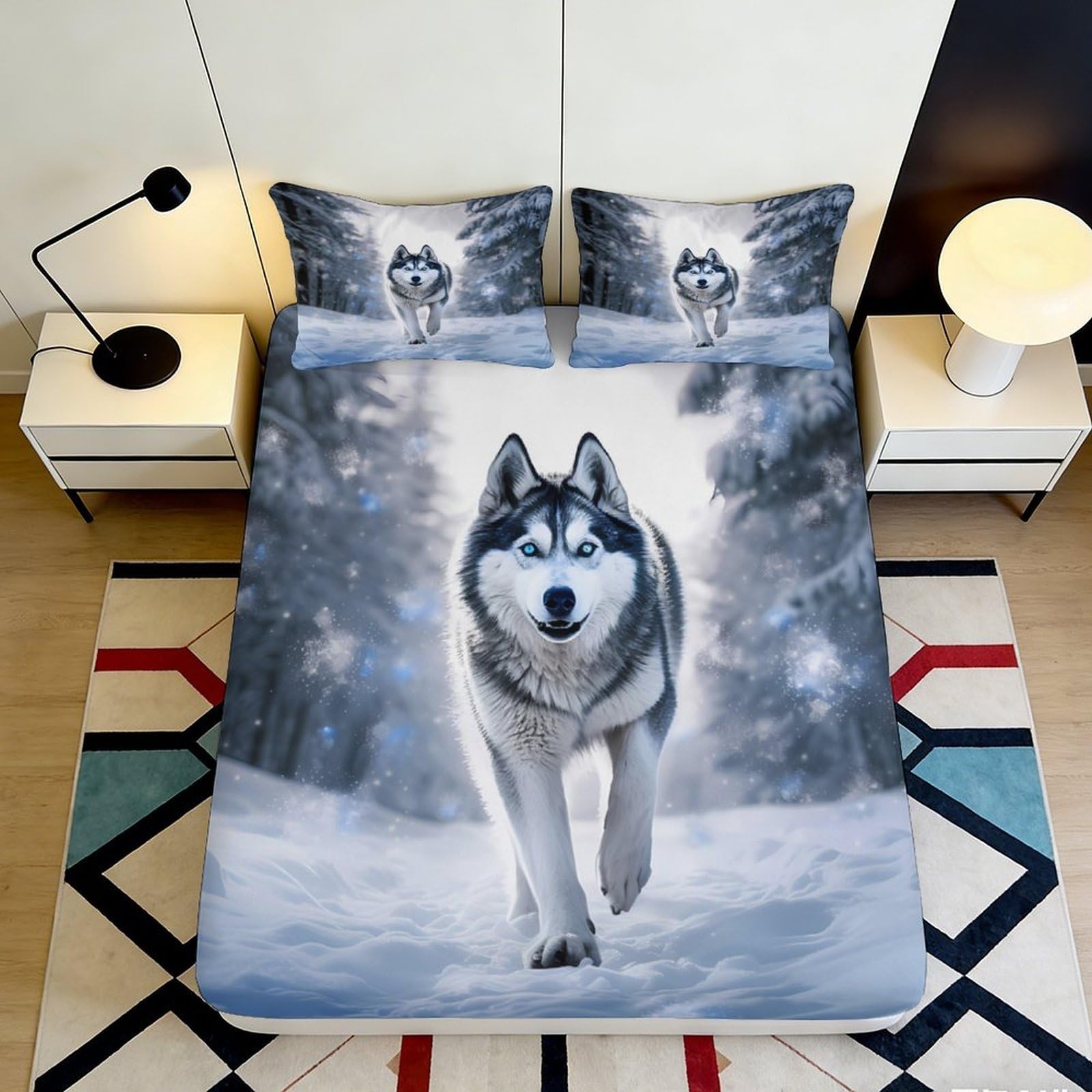 3D Printed Wolf Forest Fitted Sheet Microfiber Soft Anti-Slip Bedroom Decor Snow Husky Bed Cover for Home Guest Room 90x200x25cm