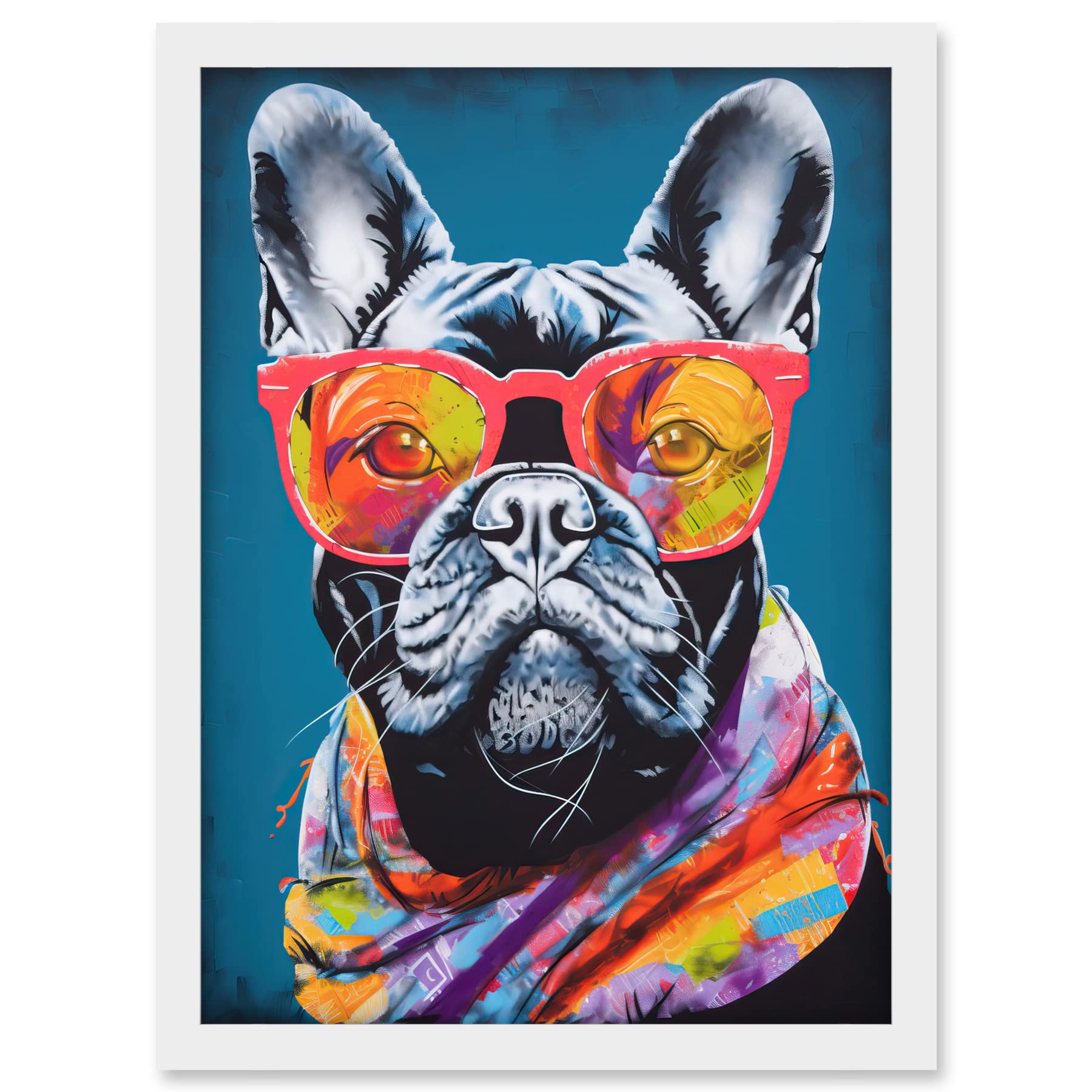 Artery8 English Bulldog with Neon Bandana and Sunglasses Artwork Framed A3 Wall Art Print