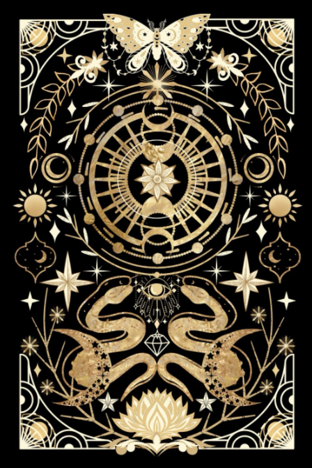 Witchy Journal: Moon Magic Journal, Black and Gold Celestial Notebook, Tarot Card Style Design, Lined Illustrated Pages, Empty Grimoire Journal, Boho gift