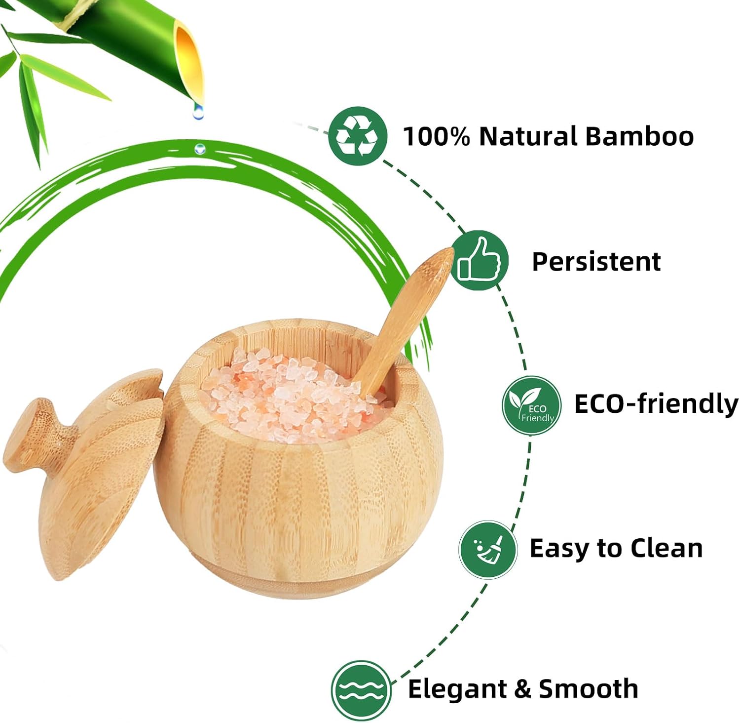 Bamboo Salt Cellar with Lid and Spoon, 1/2 Cup Wooden Spice Box Storage Container for Kitchen and Restaurant Countertop, Organizes Himalayan Pink, Kosher, Sea Salts & Herbs