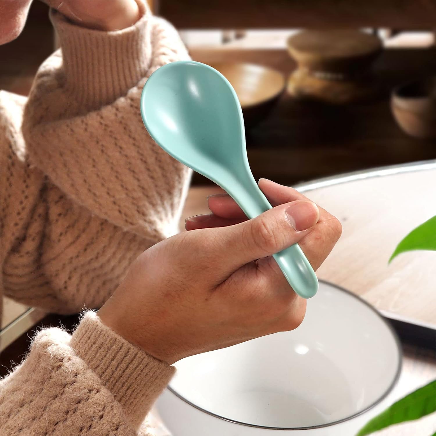 Teal Ceramic Soup Spoons Set of 6, 6.75 inch Ramen & Pho Spoons for Noodles, Stews, Wonton & Dumpling, Dishwasher Safe image 4