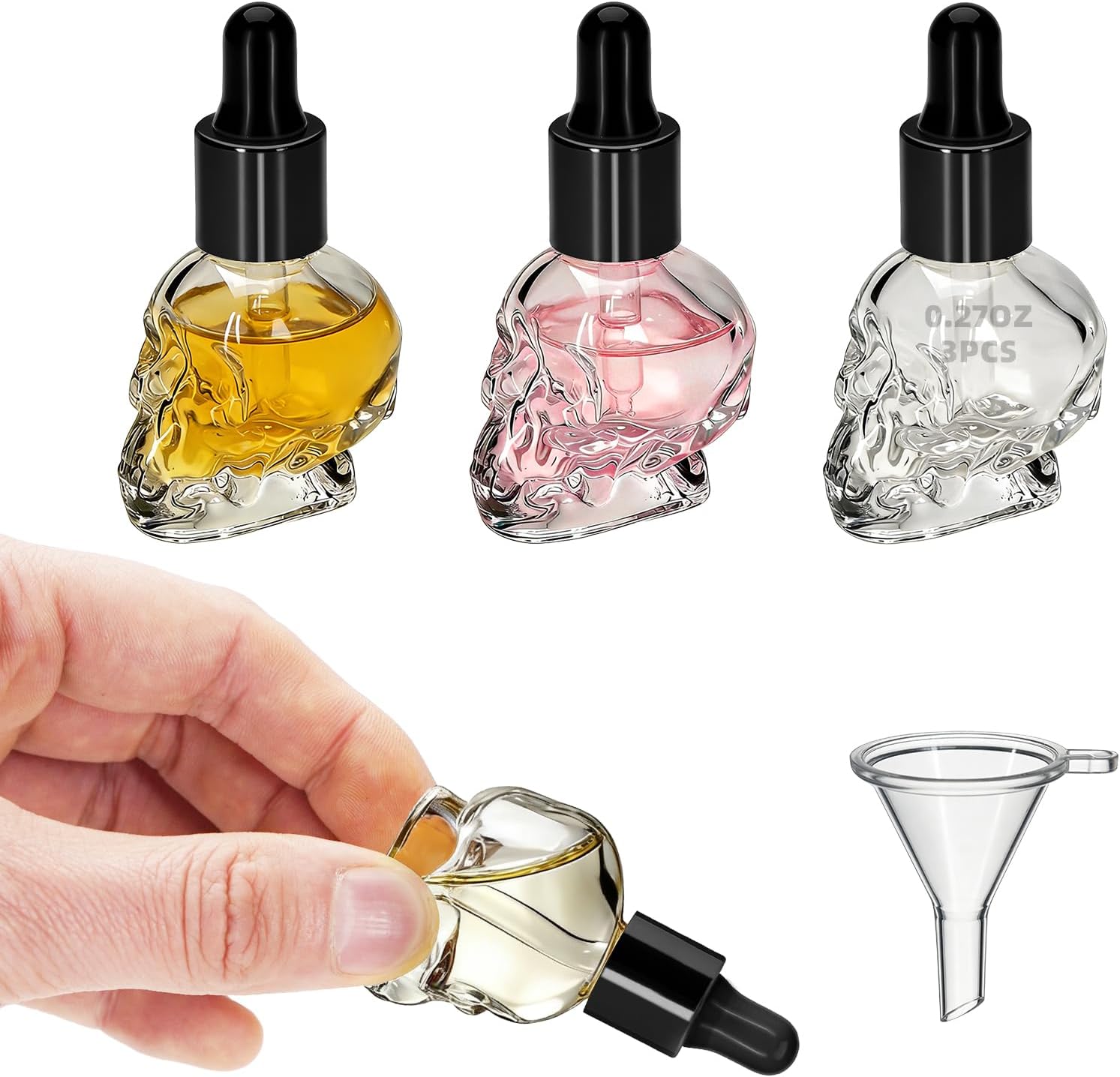 3Pack 8ml Mini Skull Glass Dropper Bottle with Funnel, Unique Shape Essential Oil Liquid Bottle, Portable Small Glass Dropper Container for Travel Perfume Serum DIY (Black Cap)