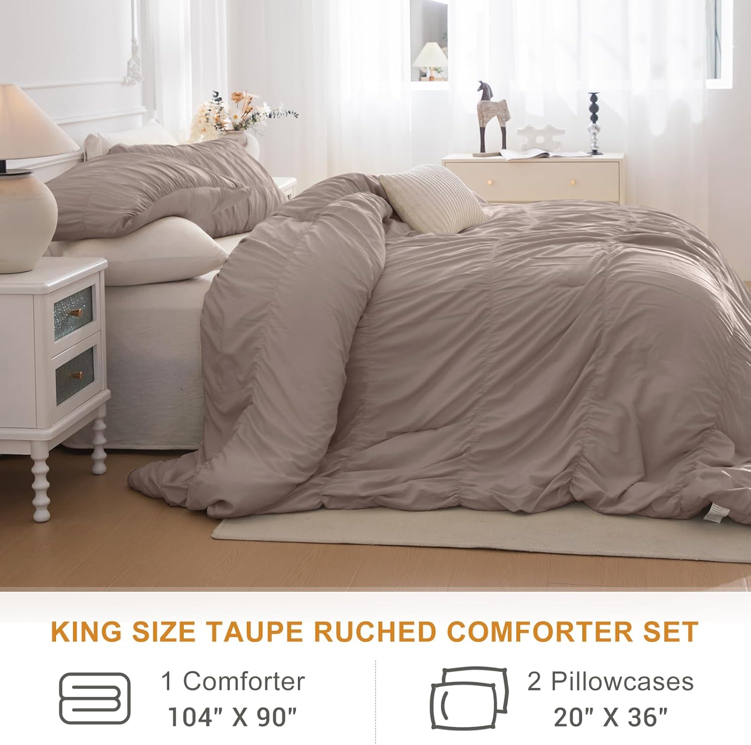 Lady Ann King Bed Comforter Set Camel Ruched King Boho Bedding Comforter Set 104x90 for Bedroom Ultra Soft & Luxurious 3 Piece Fluffy Bed Sets