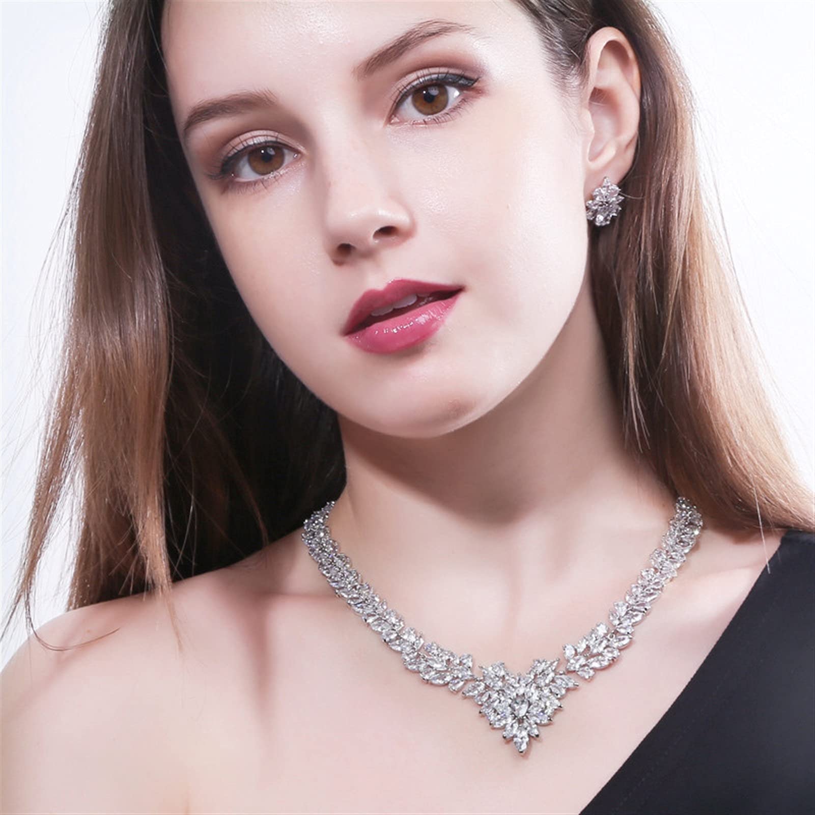 Joyería Joyería de Traje de Fiesta de Boda Hoja Brillante Zirconia cúbica Pendientes de Perno Conjuntos de Collar