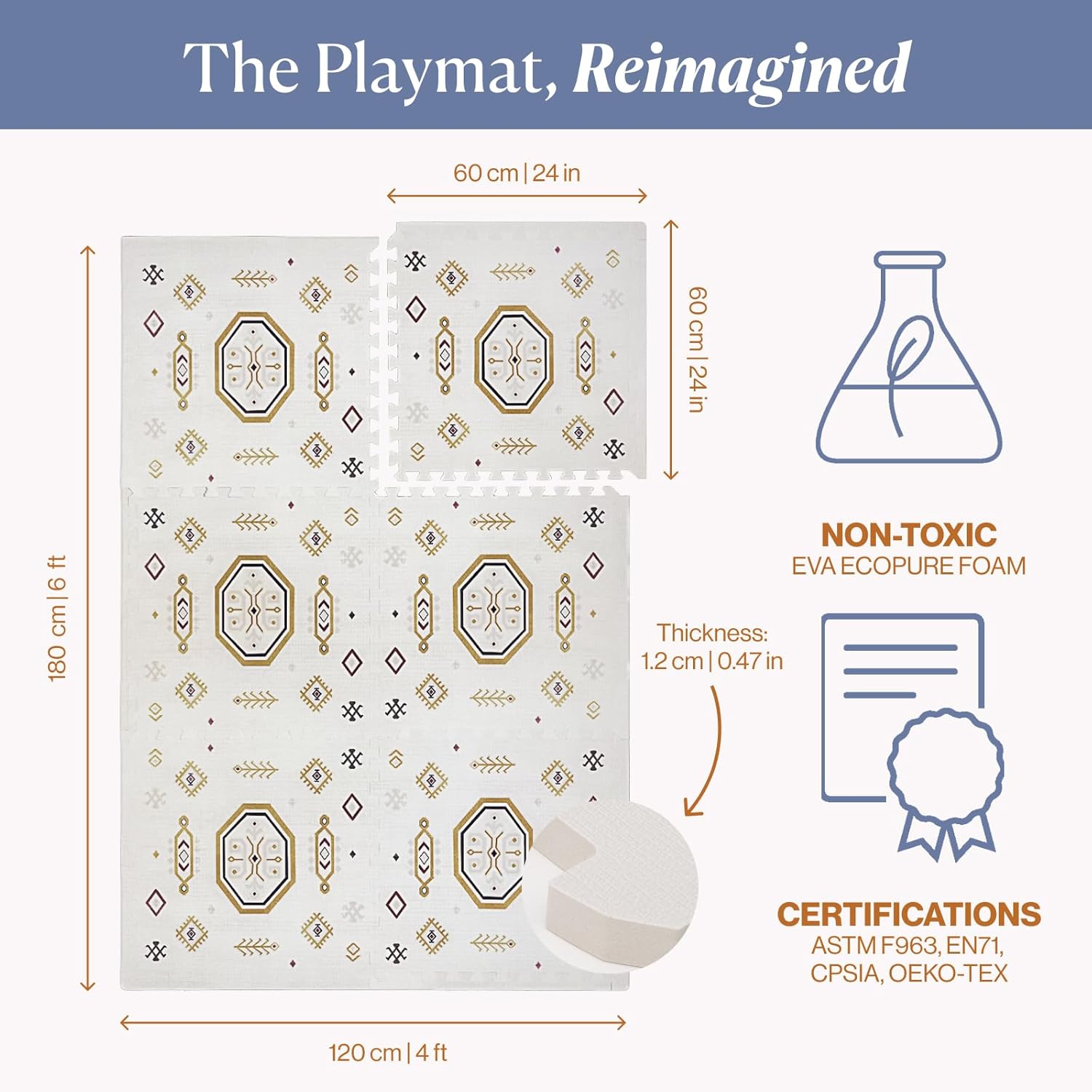 Toddlekind Playmat - Premium Foam Playmat 4 x 6 feet 6 Tile Extra Thick Foam Floor Puzzle Mat for Babies/Toddlers Stylish Non-Toxic Odorless. Perfect for Tummy Time Crawling and Play. 0m+ Golden Clay