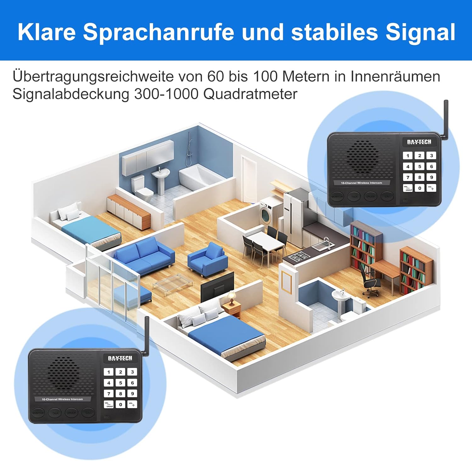 Diagram showing two intercom units communicating across a multi-room floor plan, indicating signal range.