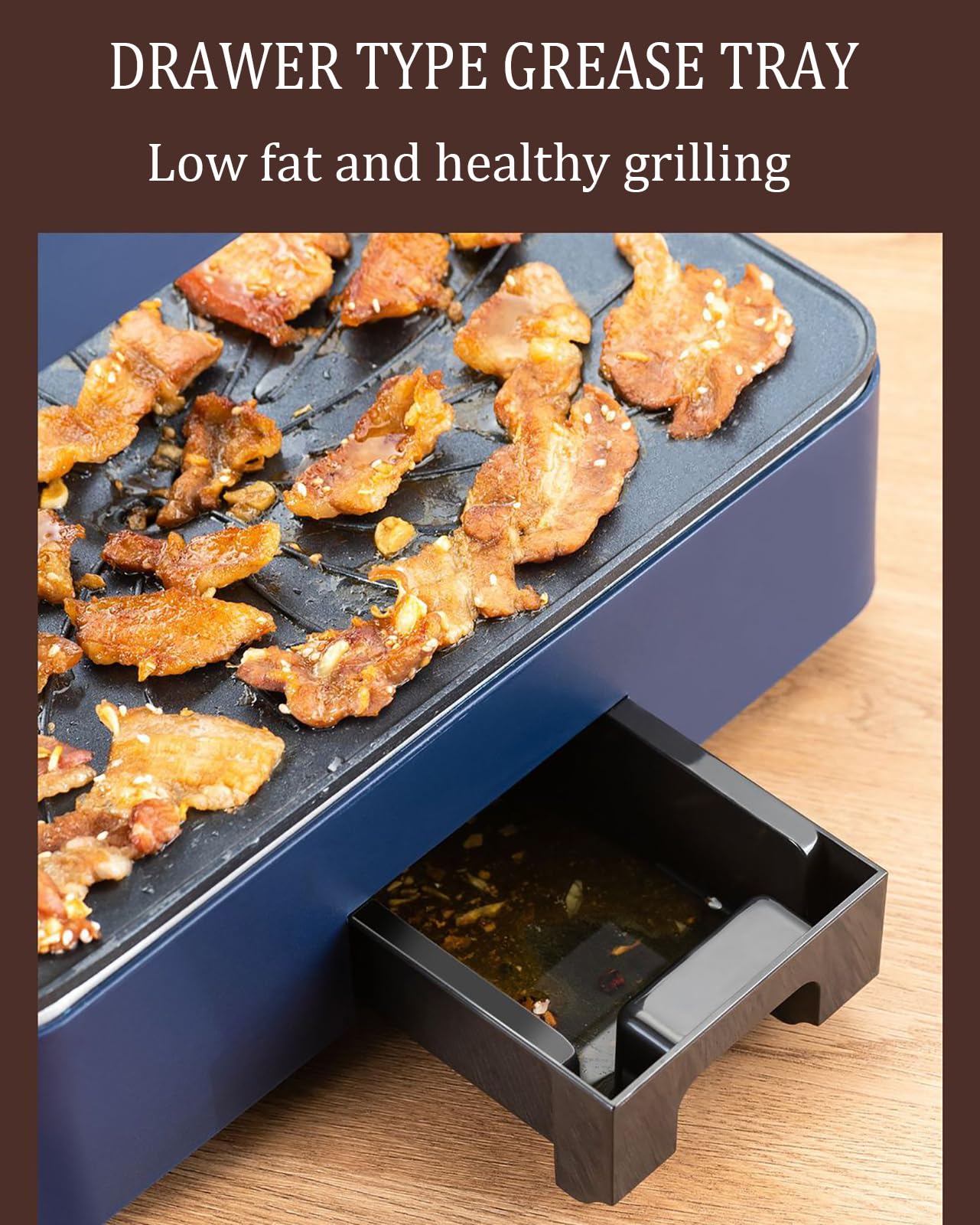 Grill elektryczny bezdymny 1100 W, grill wewnętrzny z regulacją temperatury i timerem, powłoka nieprzywierająca Zdejmowane płyty grillowe z gniazdem olejowym, do mięs Warzywa Ryby blue
