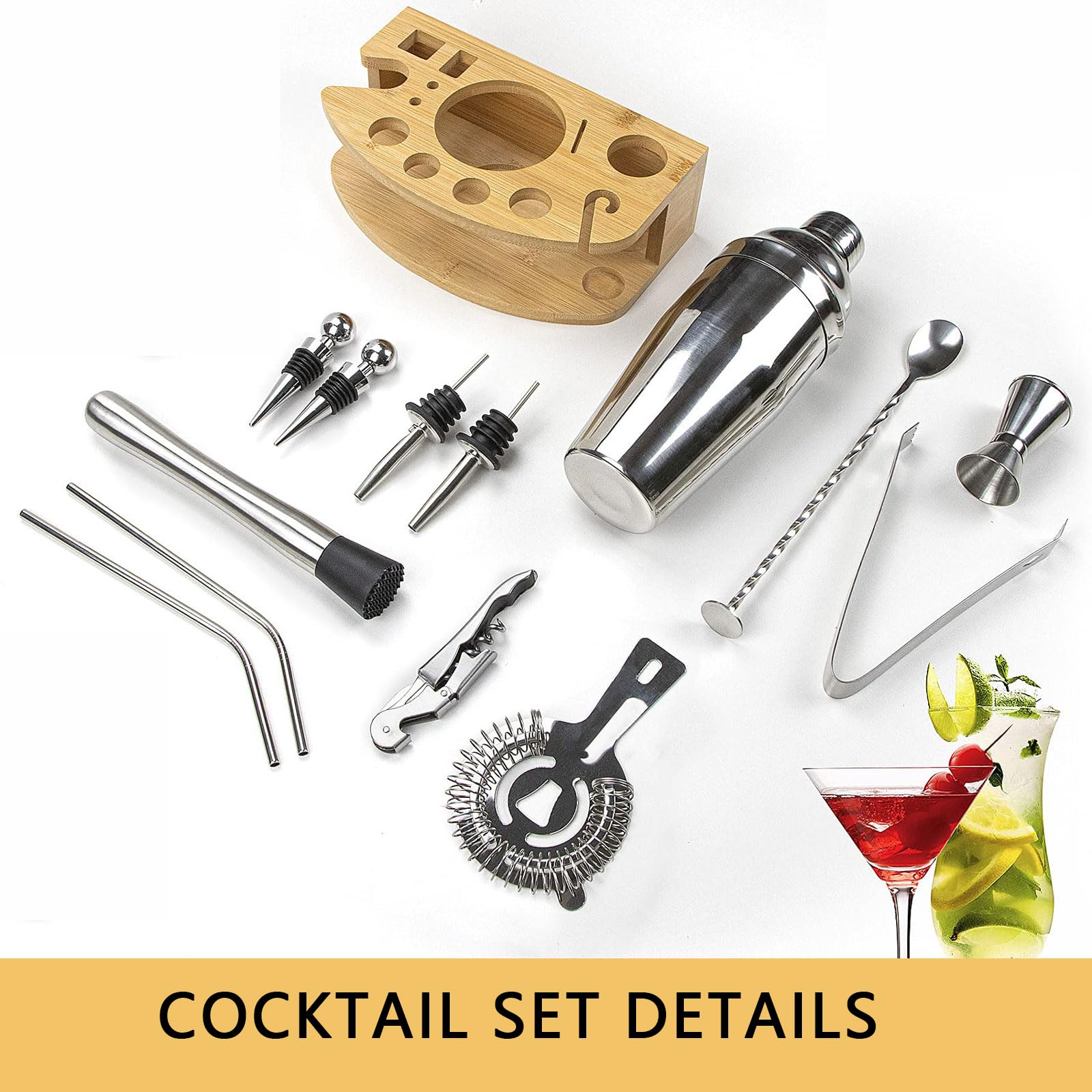 Kit Barman Professionale in Acciaio 12 Pezzi Set Cocktail Shaker con Supporto kit da barista con Tutti Gli Accessori Essenzial Attrezzatura da Bar per Casa Bar Festa,Regalo per Donna Uomo