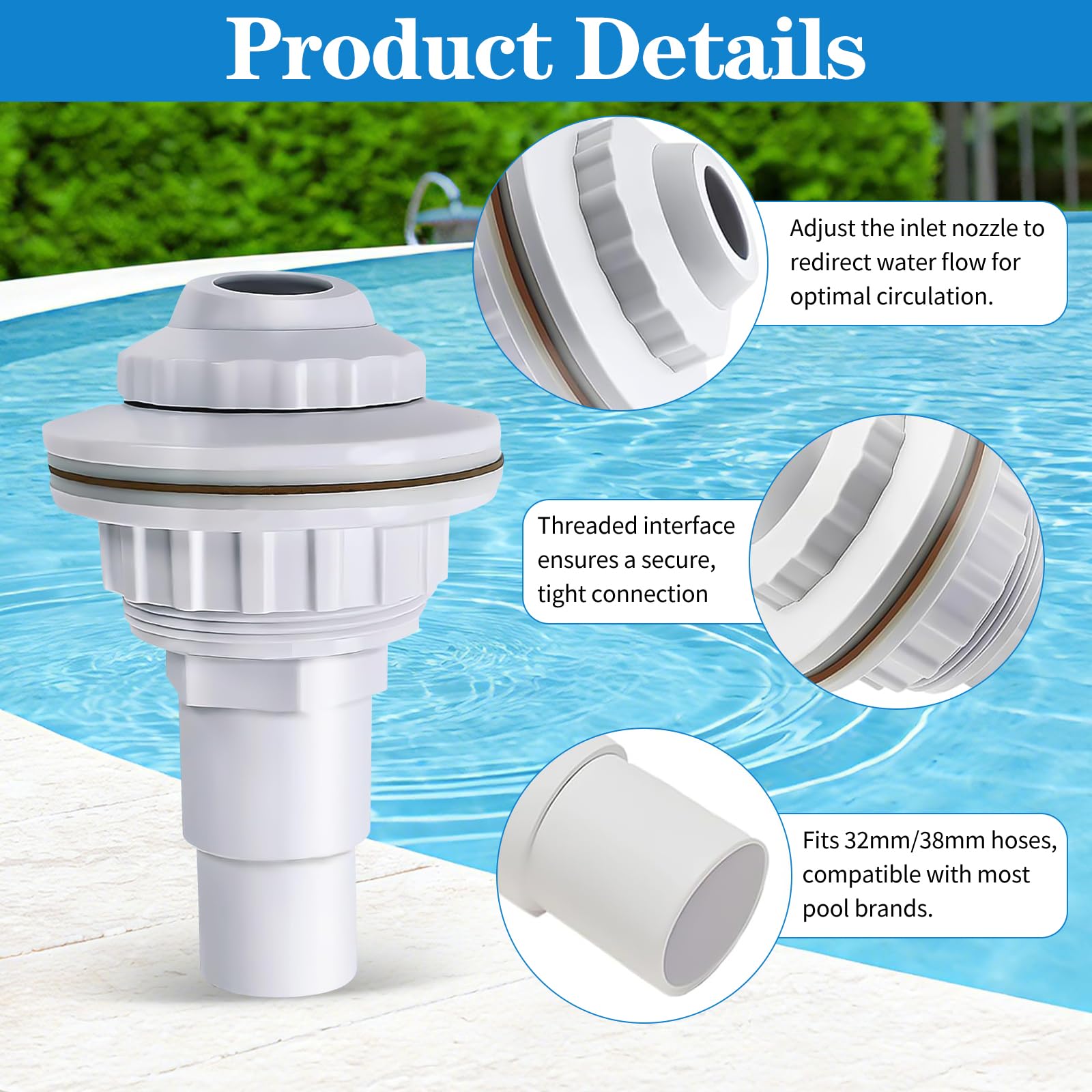 Buse d'entrée pour Piscine Réglable, Buse de Refoulement avec Tête Pivotante 32 mm 38 mm
