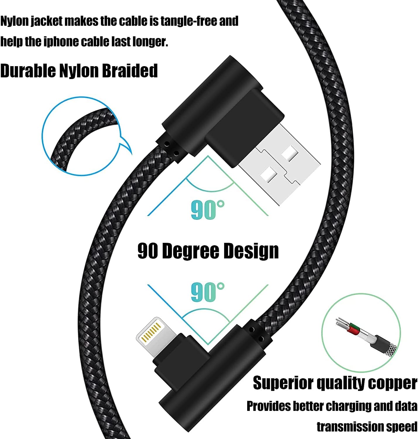 iPhone Charger 3 feet MFi Certified 3 Pack 90 Degree Nylon Braided Lightning Cable Right Angle Charging Cord for iPhone14 13 12 11 Pro X XS XR 8 Plus 7 6 5 and More (Black, 3 FT) - Image 2