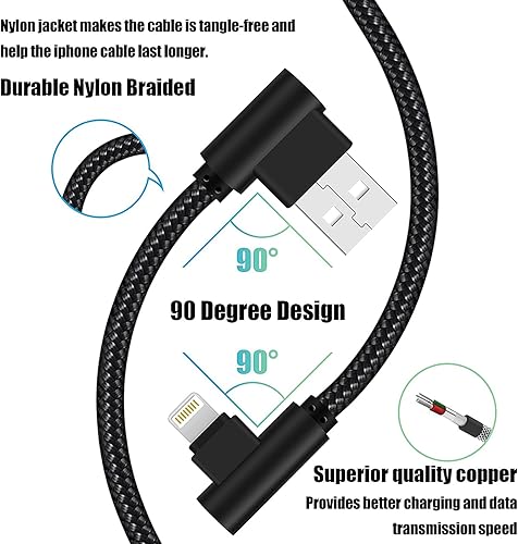Miniatura 2 de Osecet Cargador para iPhone de 1 pie con certificación MFi, paquete de 5 cables Lightning de ángulo recto de 1 pie de nailon trenzado de 90 grados