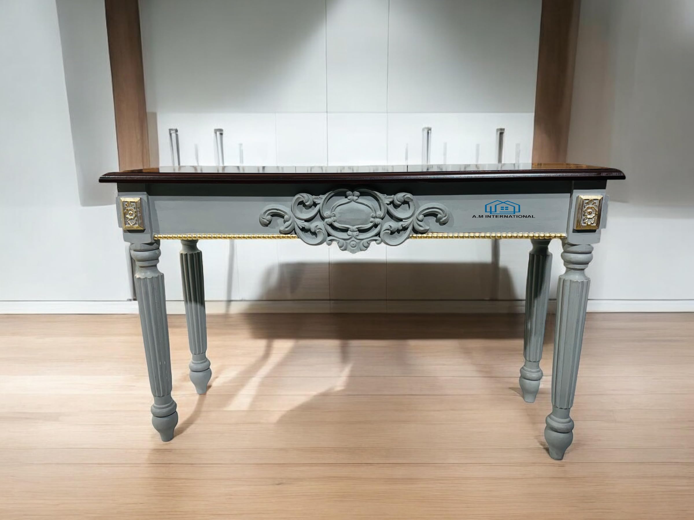 Wooden Carved Console Table in Solid Mango Wood with Grey Gold Finish for livingroom, Hall, enterway, Office Size 48 * 30 * 15 inch