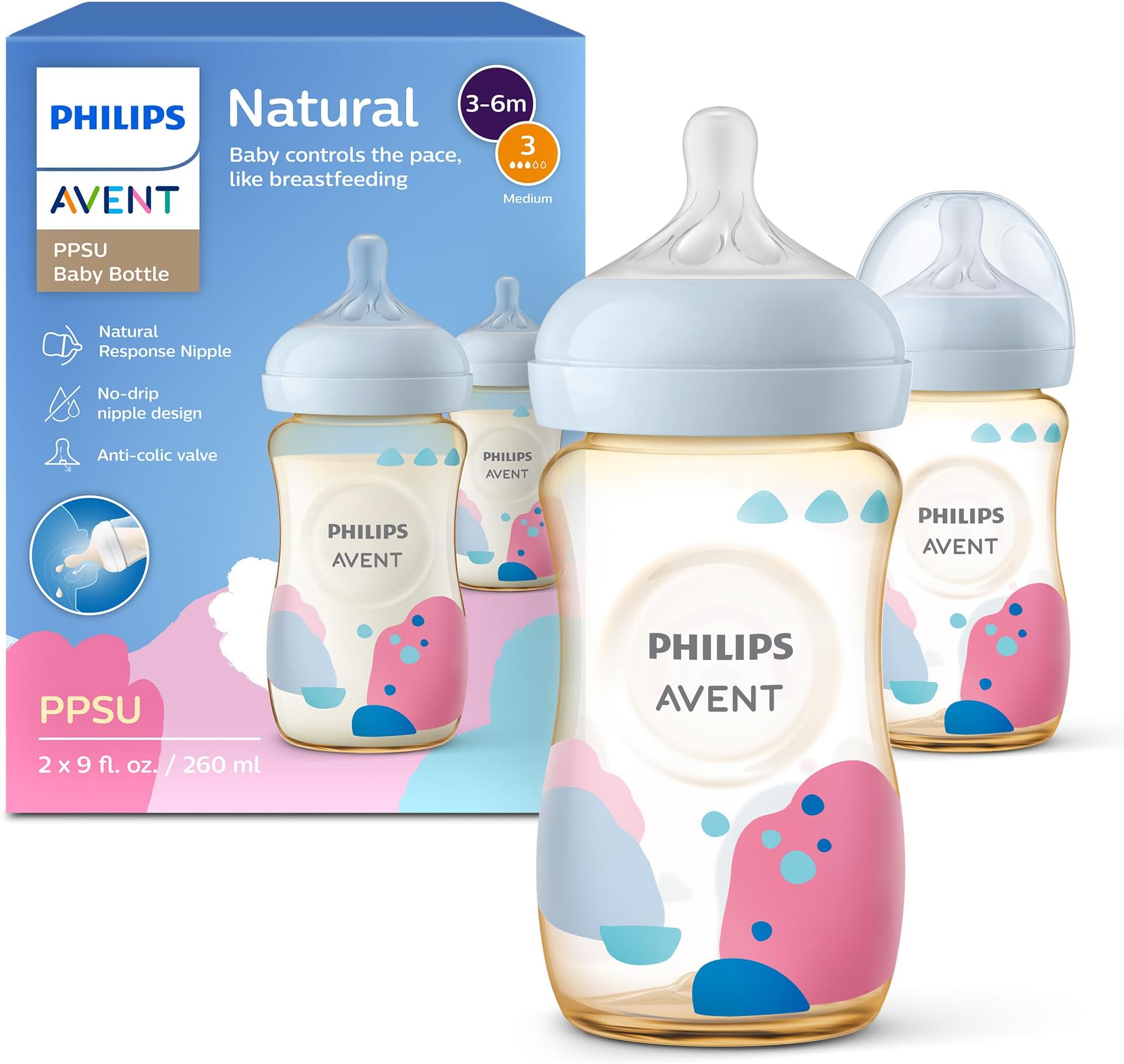 Philips Avent PPSU Natural Baby Bottles with Medium Flow (Flow 3), 9oz, with Decoration, 2-Pack, SCY943/02