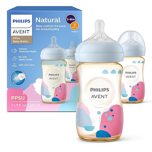 Philips Avent - Biberones naturales PPSU con pezones de flujo medio (Flujo 3), 9 onzas, con decoración, paquete de 2, SCY94302