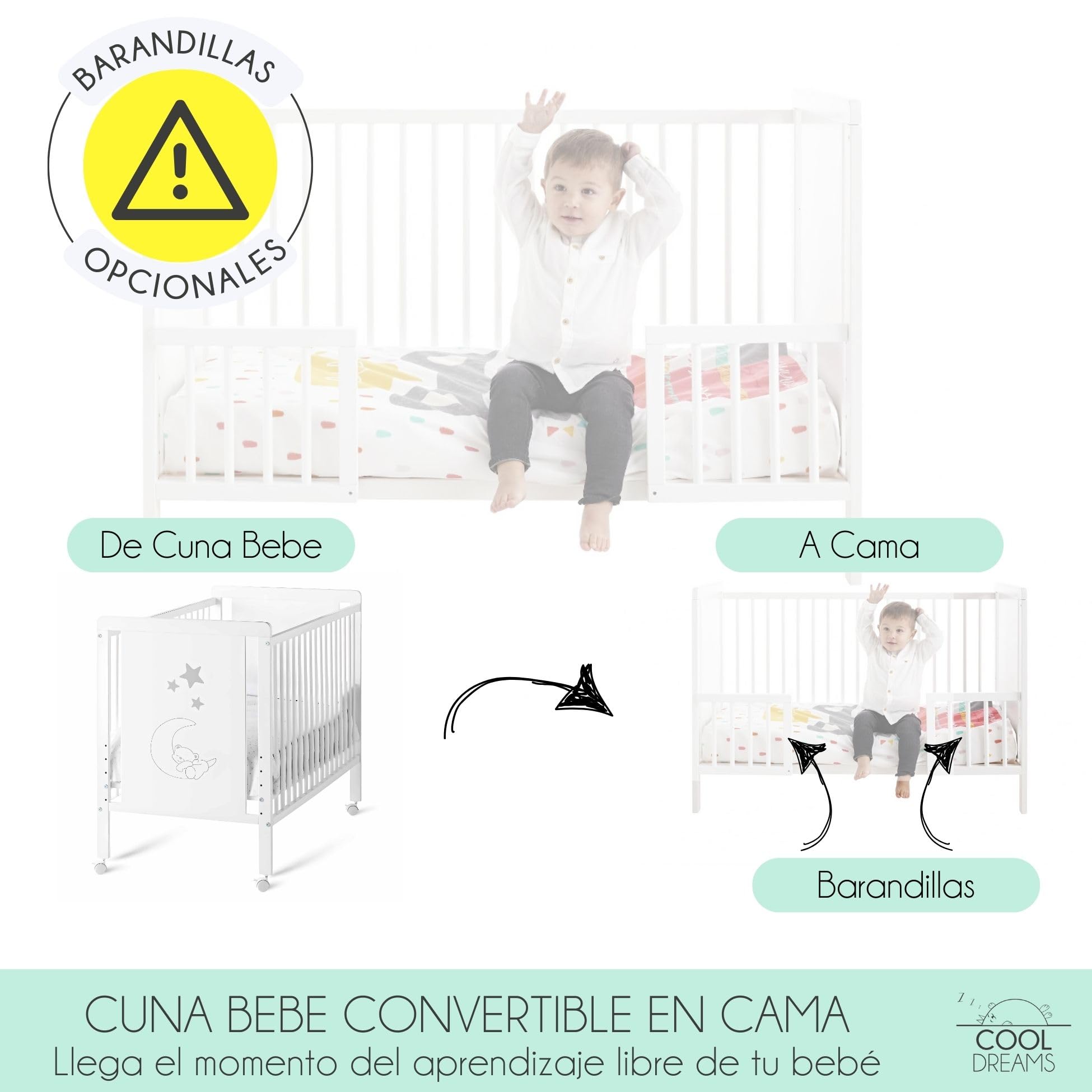 Cuna Colecho de Bebé Indi Estilo Nórdico Infantil 120x60 cm, con Kit Colecho, Colchón Morfeo, 4 Ruedas y Sábanas de Algodón CoolDreams