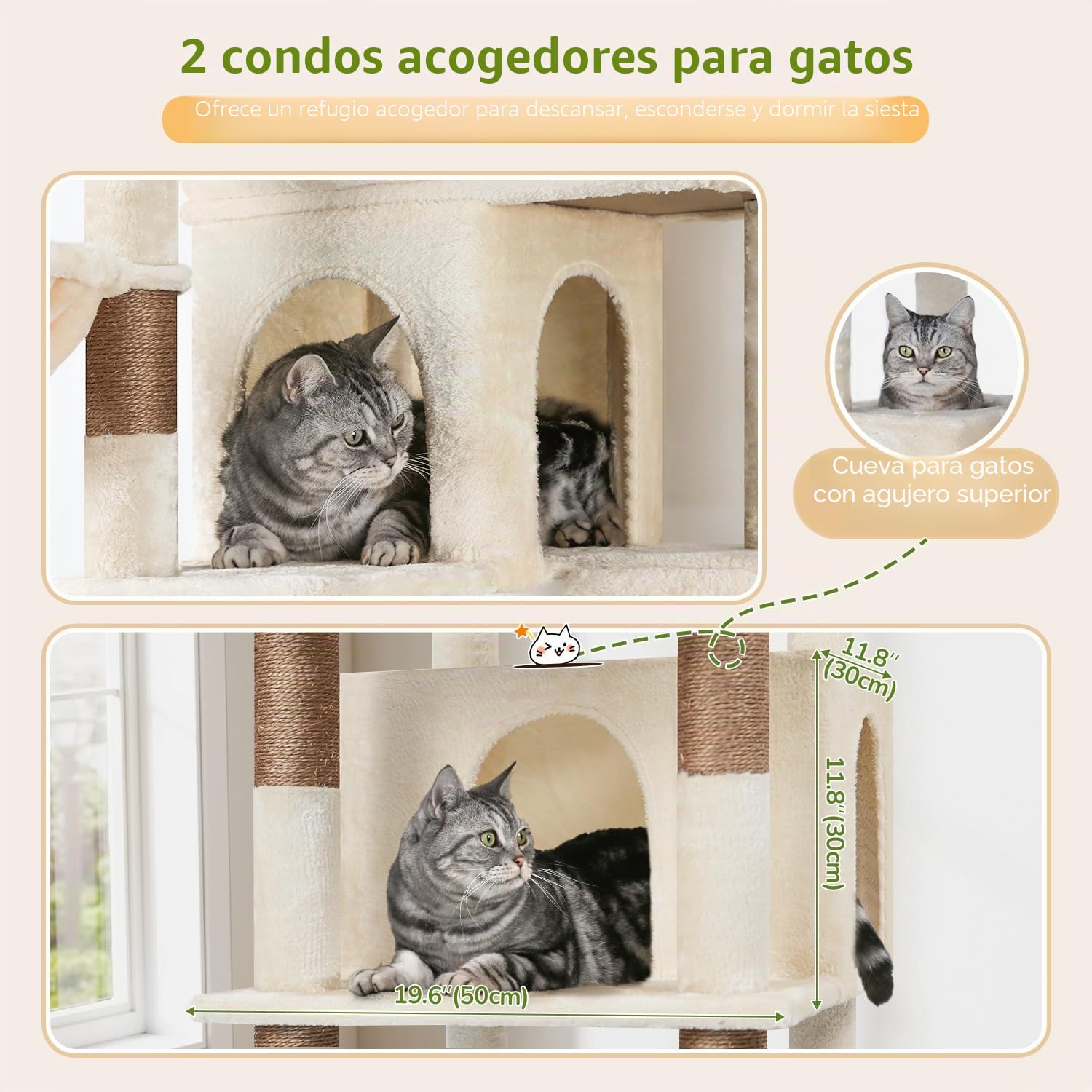 Globlazer Rascador Beige para Gatos Grandes XXL 204 cm con 2 Grande Plataformas Acolchadas 50*30CM, 2 Nidos, 3 Cesta, Tabla Rascar Sisal, Estable Árbol Rascador para Vario Gatos Adultos (S80G, Beige)