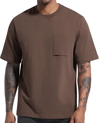 VEIISAR Mens 250GSM 100% Cotton Heavyweight Pocket T-Shirt - Thick Crew Neck Durable Tee
