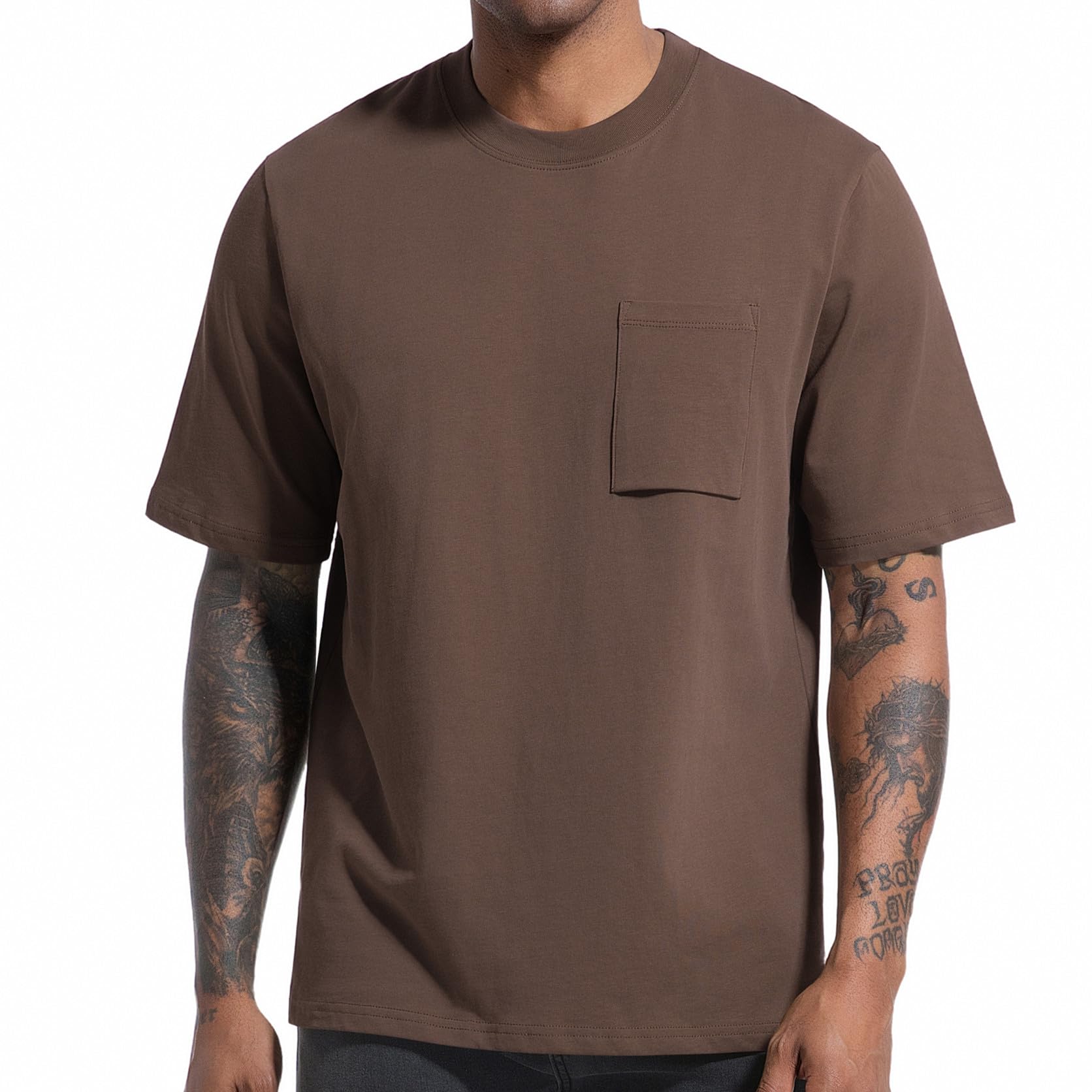 VEIISAR Herren 100% Baumwolle 250GSM Heavyweight Pocket T-Shirt – einfarbig, Rundhals, schweres T-Shirt für Männer